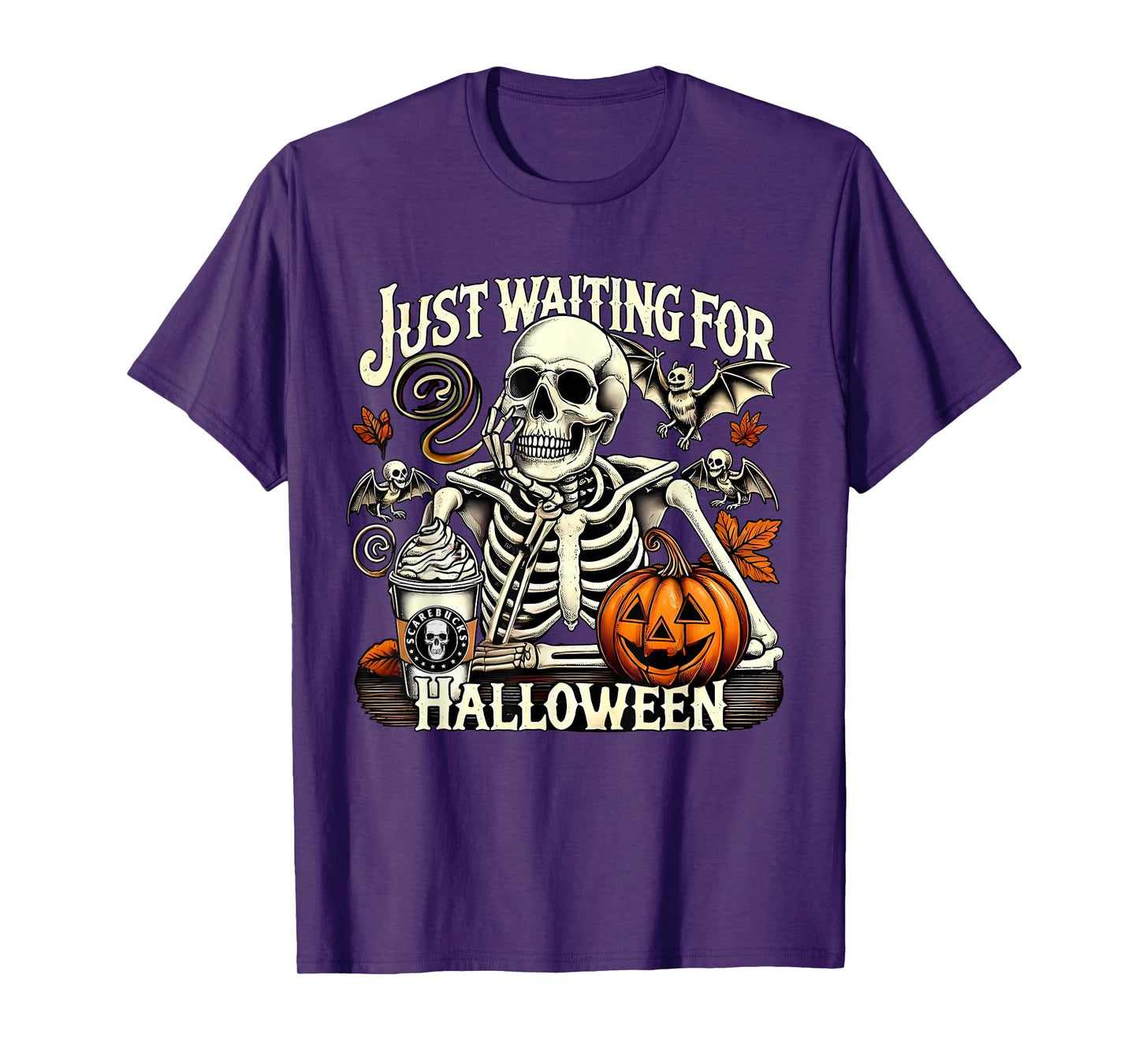 Just Waiting for Halloween Skeleton Pumpkin Coffee Drinking T-Shirt