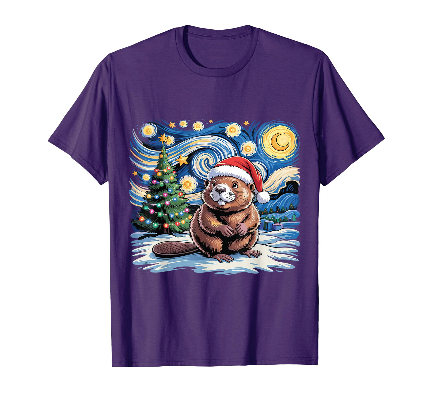Winter Christmas Tree Beaver Van Gogh Starry Night Holiday T-Shirt