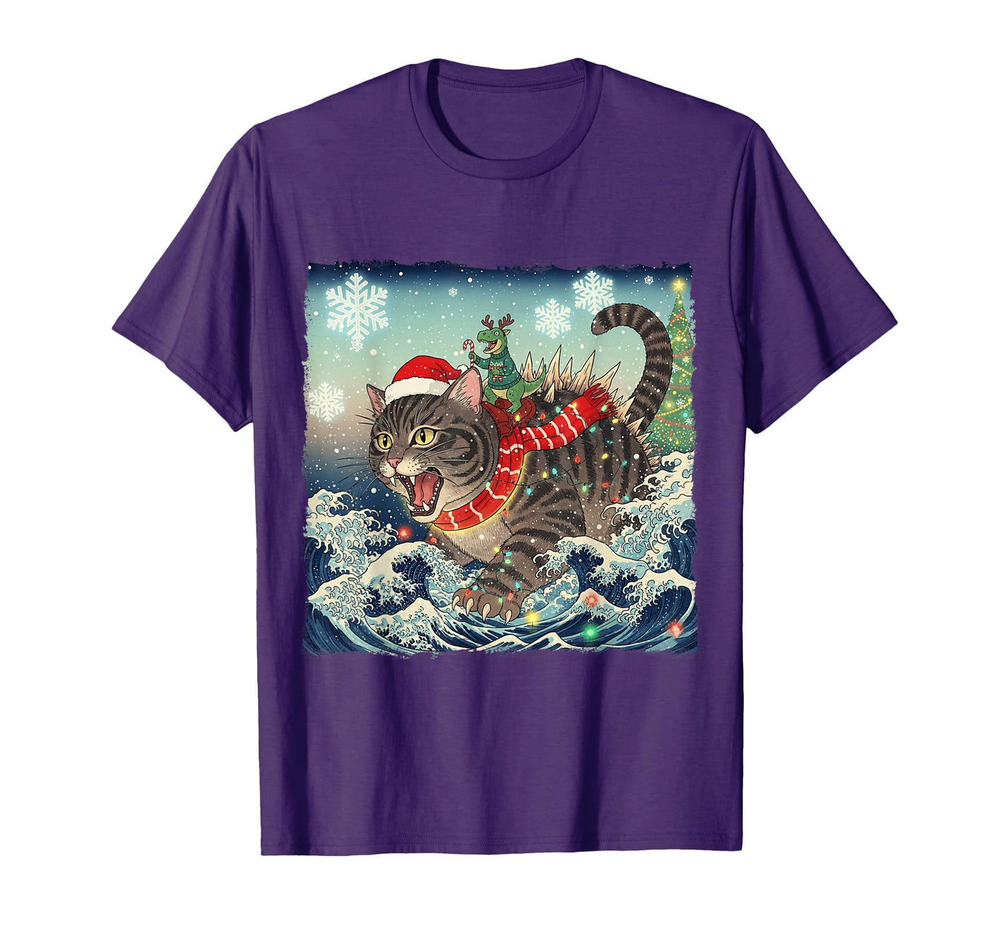 Catzilla Christmas with Cute Dino Cat Funny Holiday Wave T-Shirt
