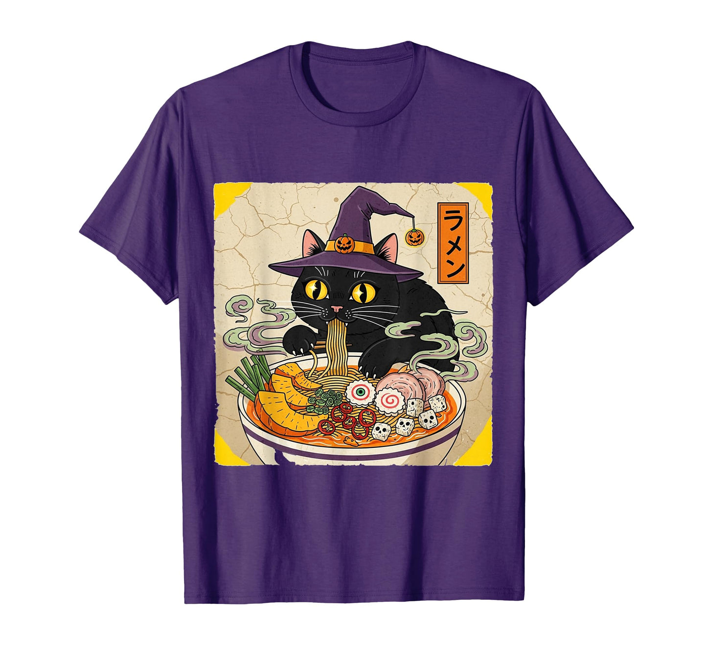 Black Cat Holiday Witch Hat Slurping Ramen Vintage Halloween T-Shirt