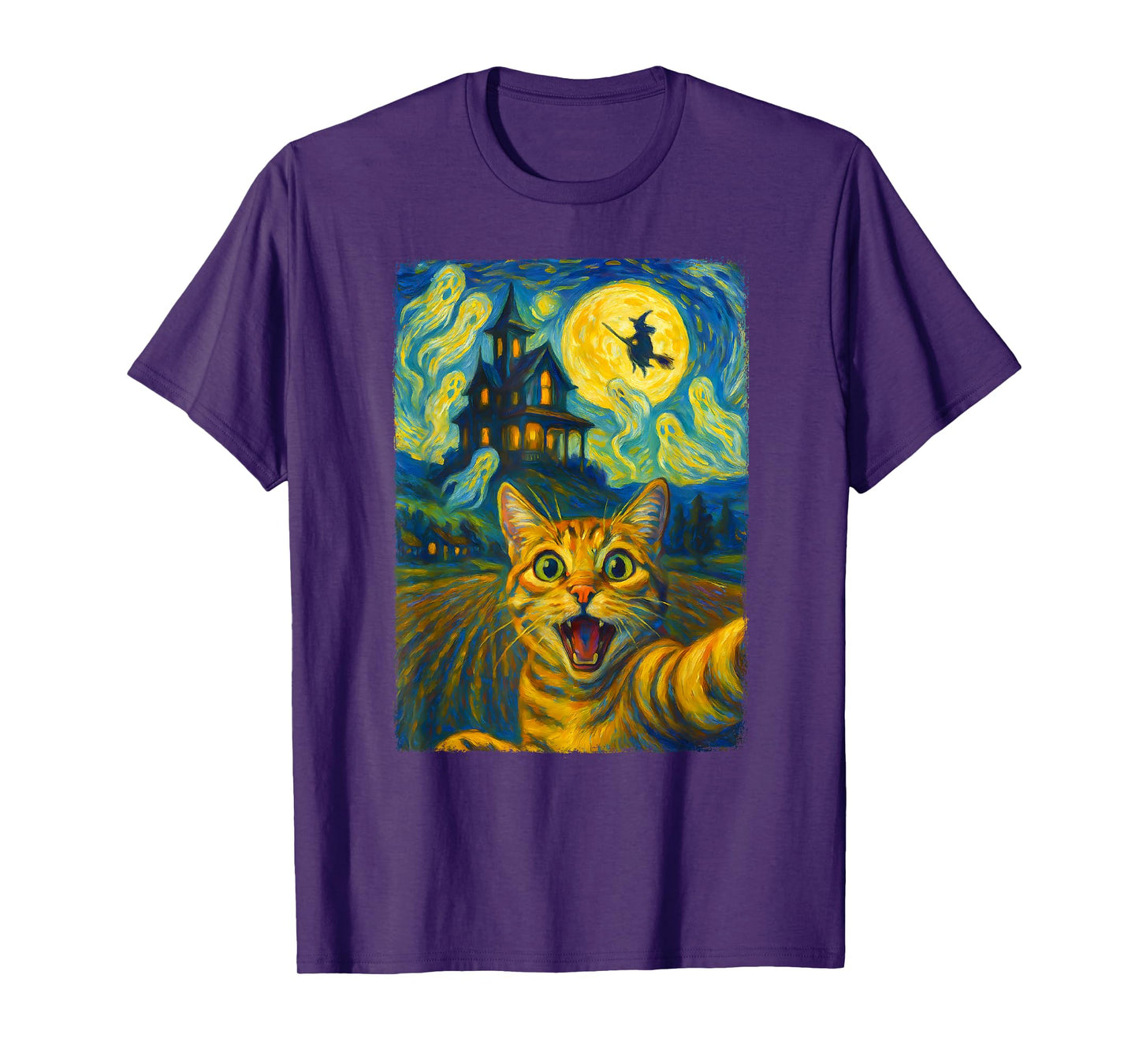 Funny Cat Selfie Witch Ghost Halloween Van Gogh Starry Night T-Shirt