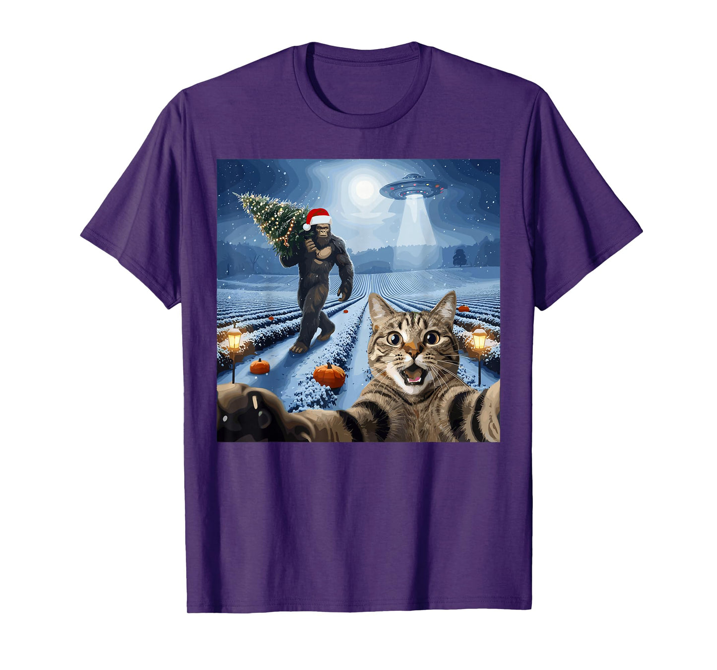 Christmas Bigfoot UFO Cat Selfie Pumpkin Snow Scene T-Shirt