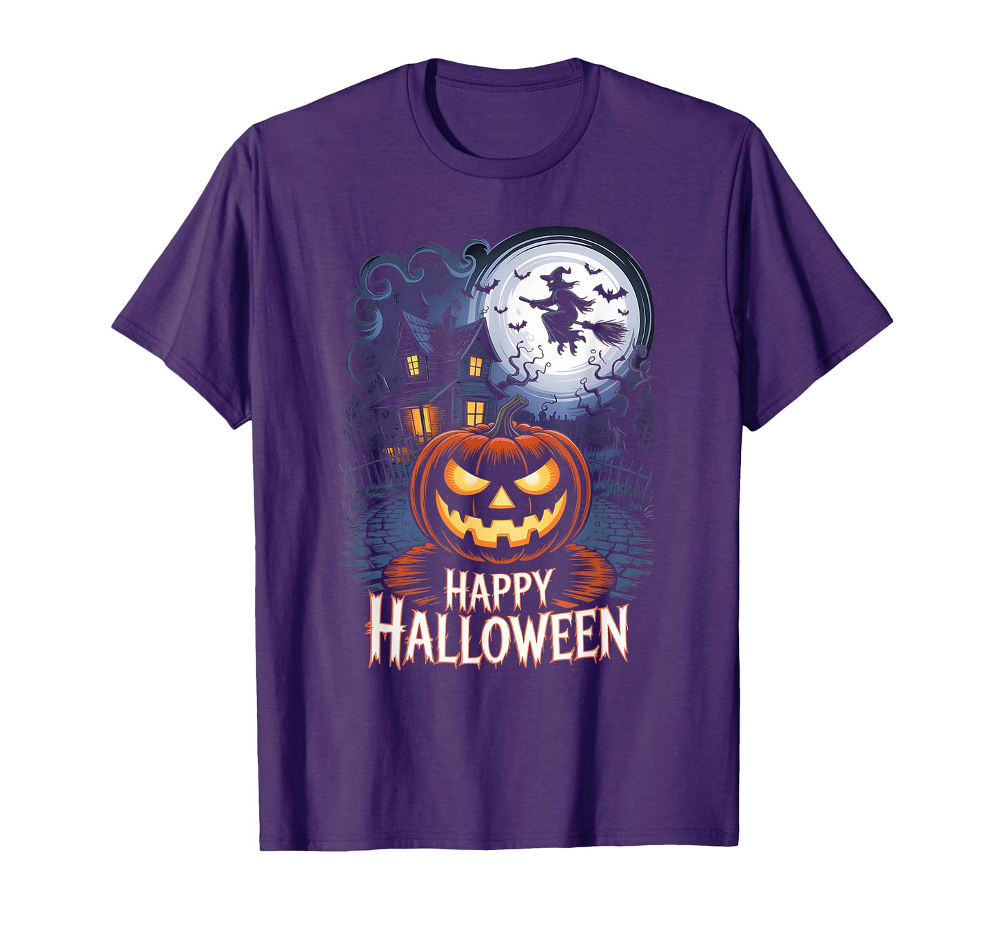 Spooky Halloween Haunted House with Pumpkin, Full Moon Witch T-Shirt
