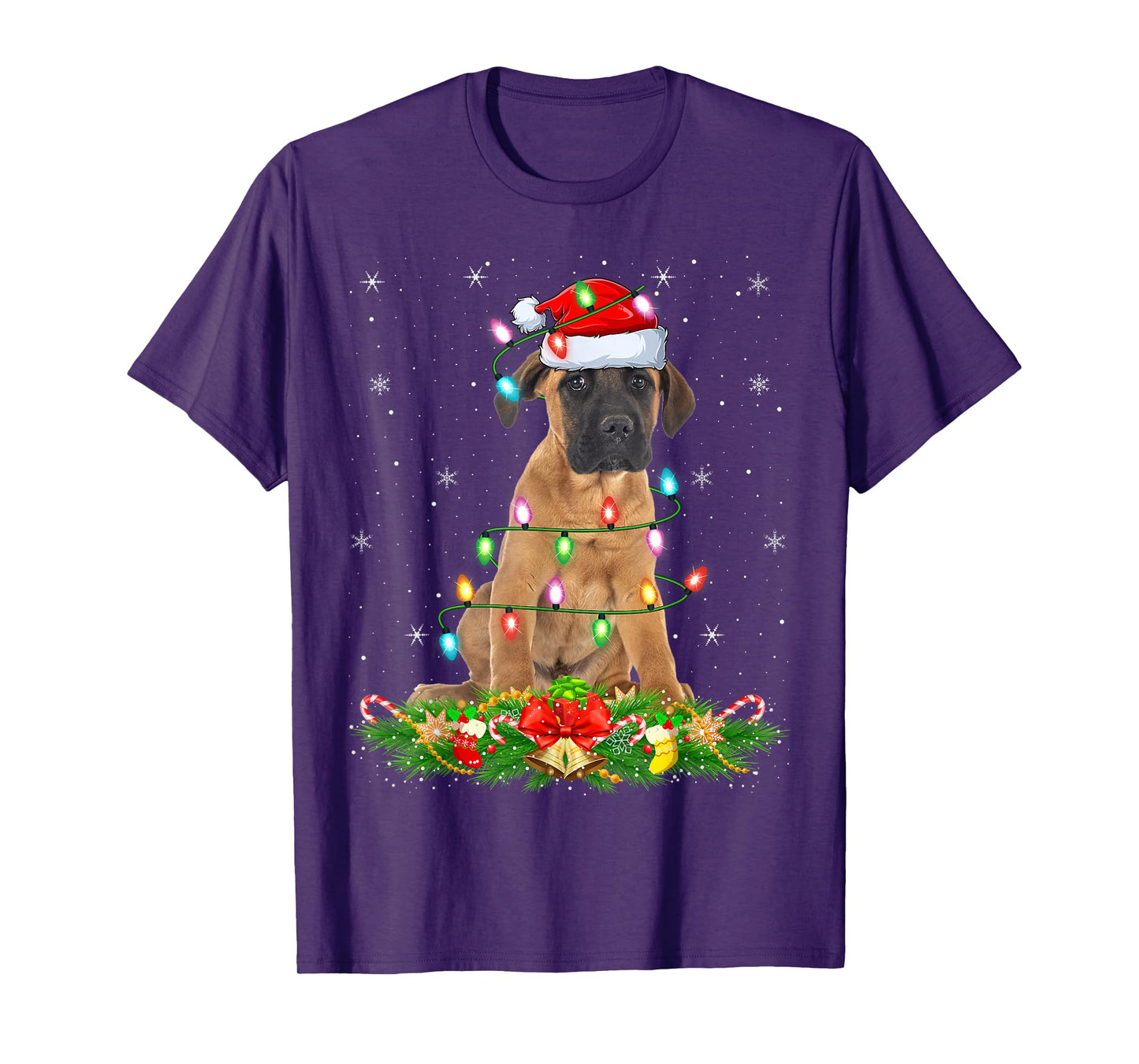 Mastiff Dog Christmas Lights Funny Santa Hat Xmas T-Shirt