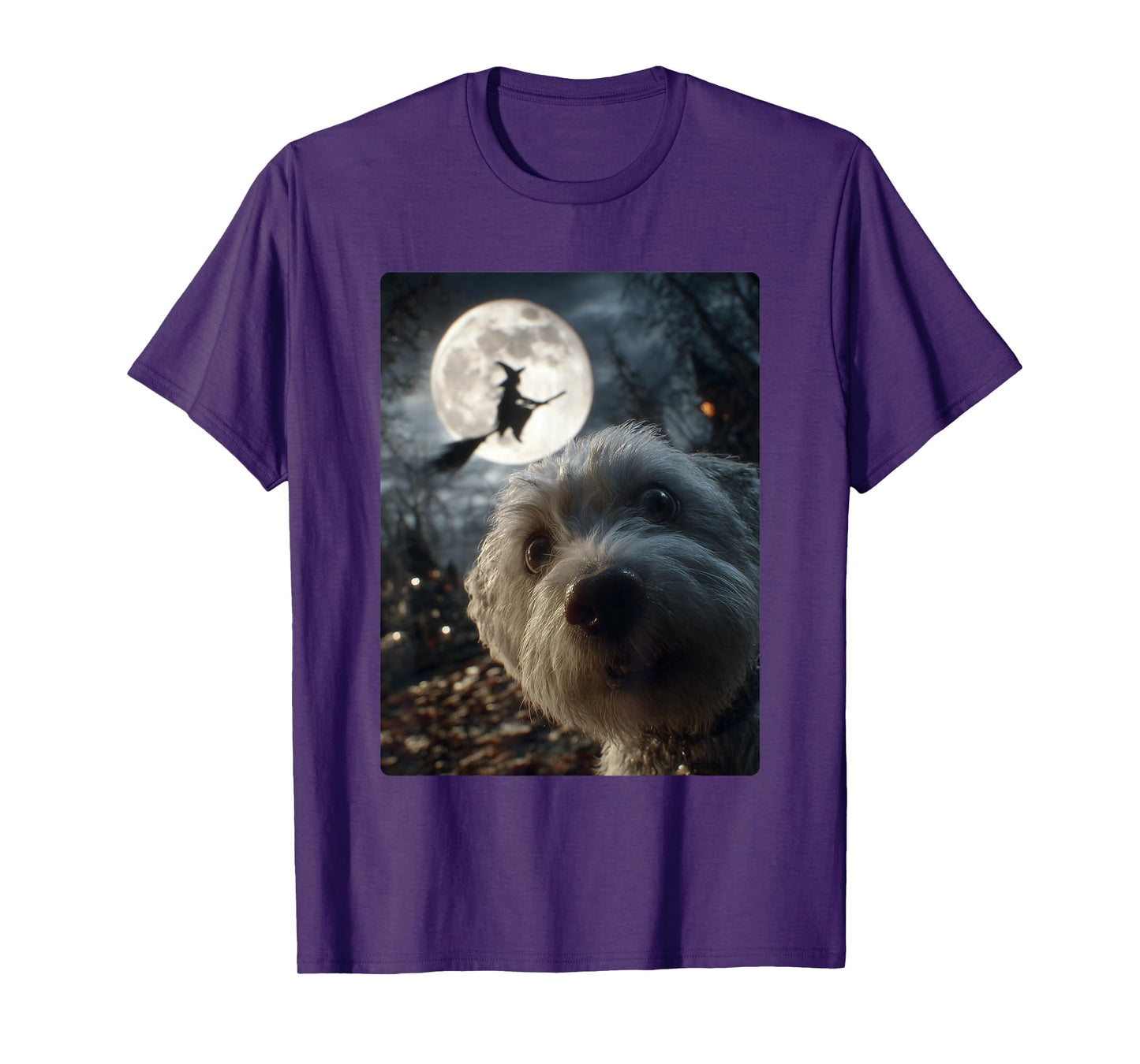 Funny Maltese Selfie Full Moon Flying Witch Halloween Dog T-Shirt