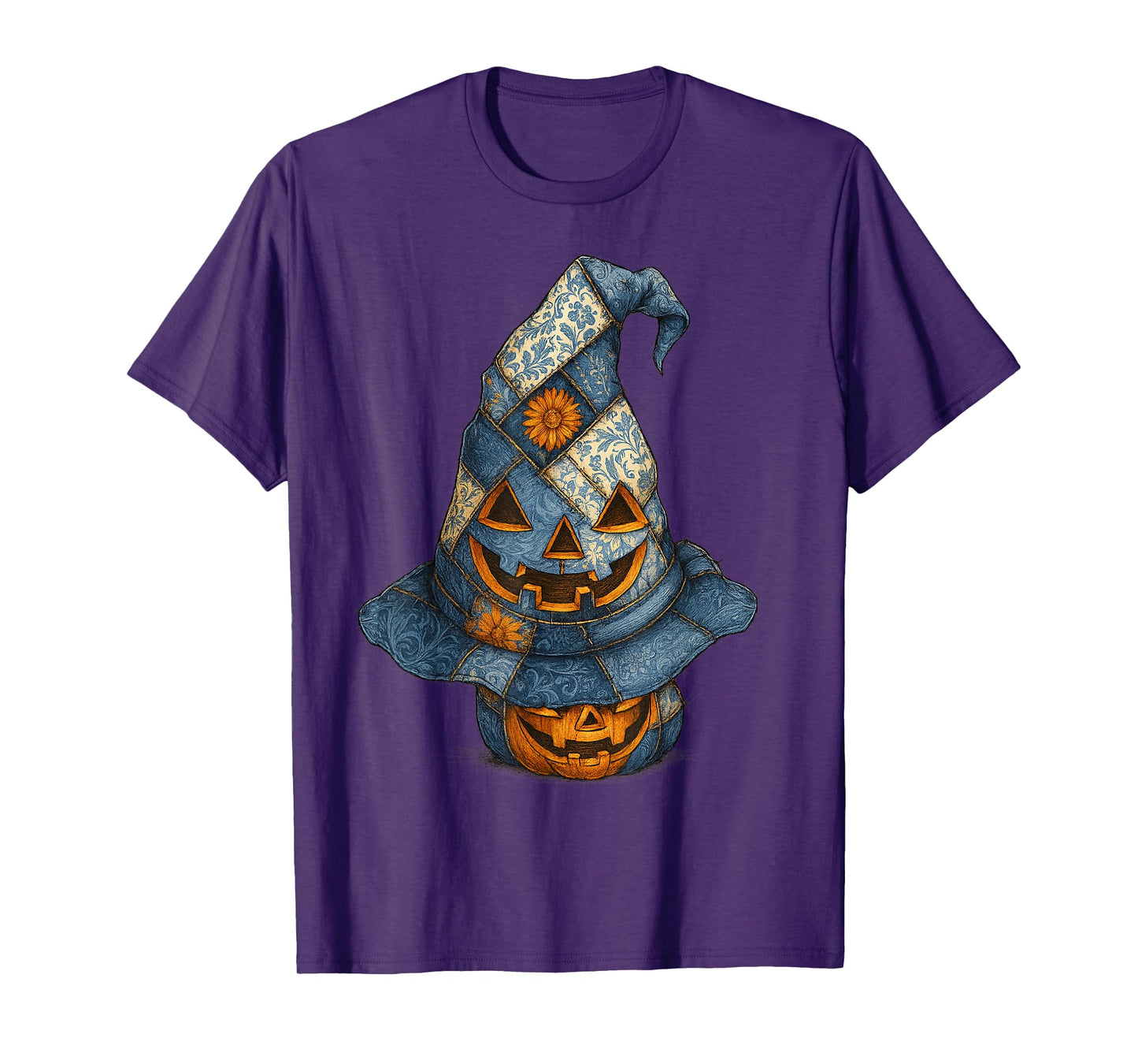 Patchwork Pumpkin Witch Hat Vintage Halloween T-Shirt