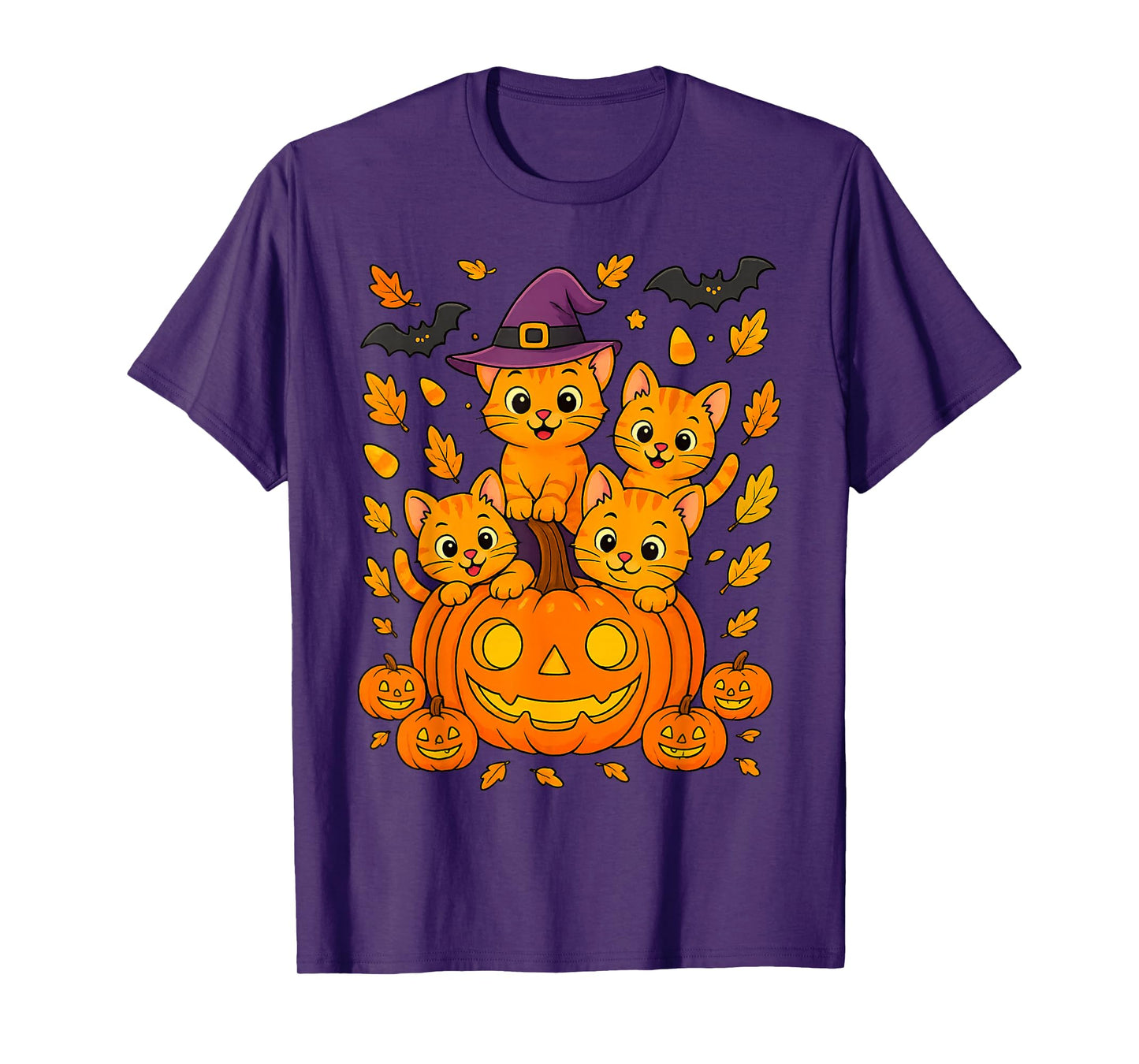 Halloween Pumpkin Party Orange Kittens Leaves Candy Funny T-Shirt