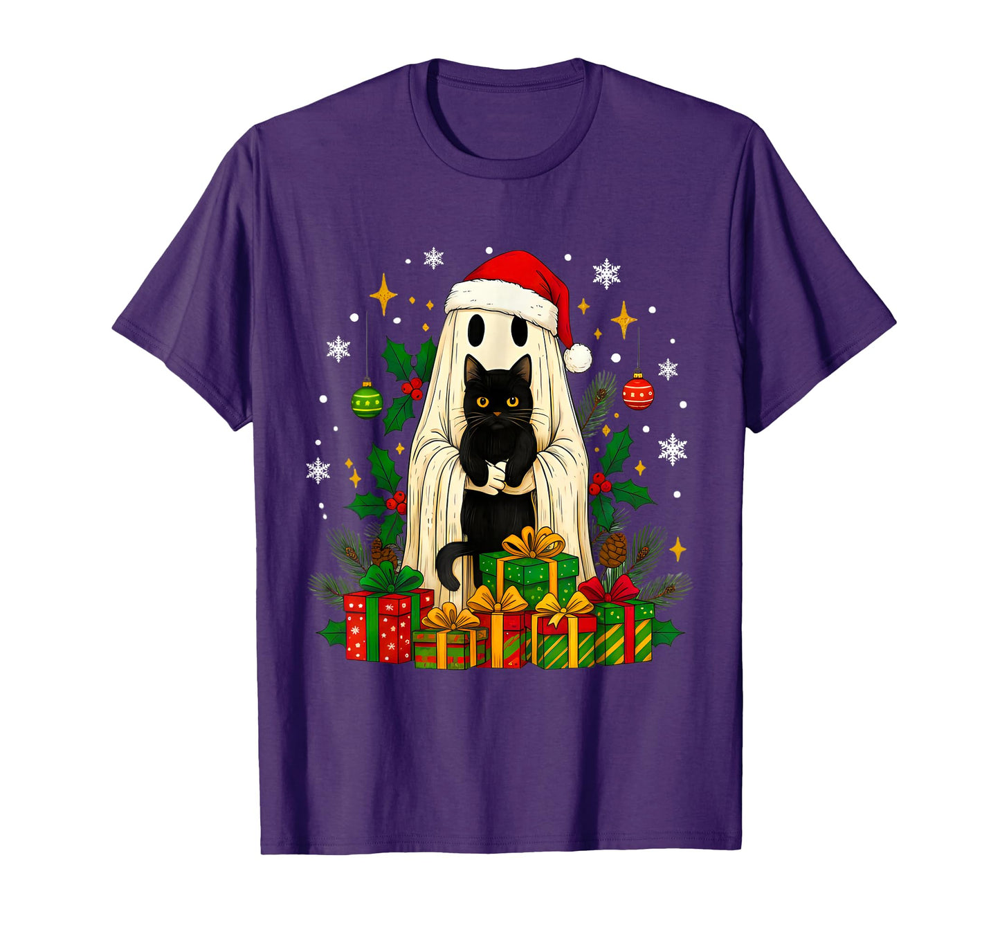 Vintage Christmas Ghost Holding Black Cat Groovy Floral T-Shirt