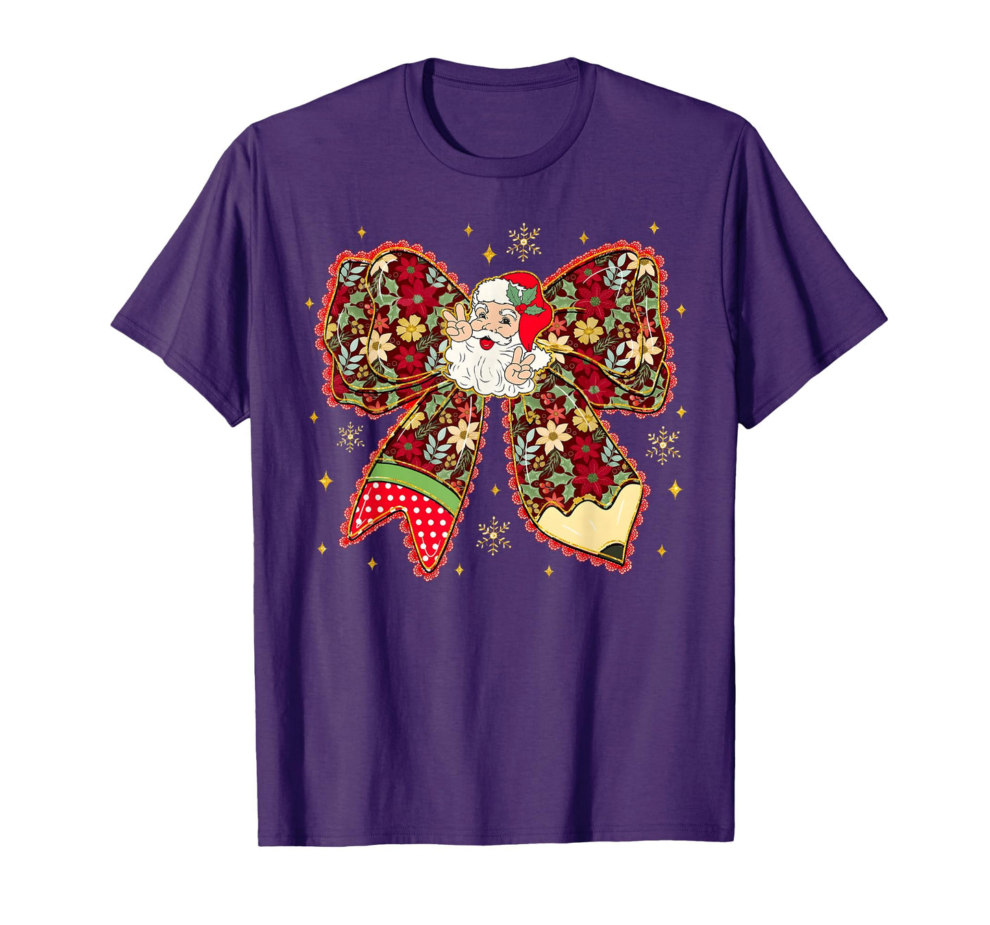 Santa Peace Sign Floral Coquette Bow Christmas Pajamas Girly T-Shirt