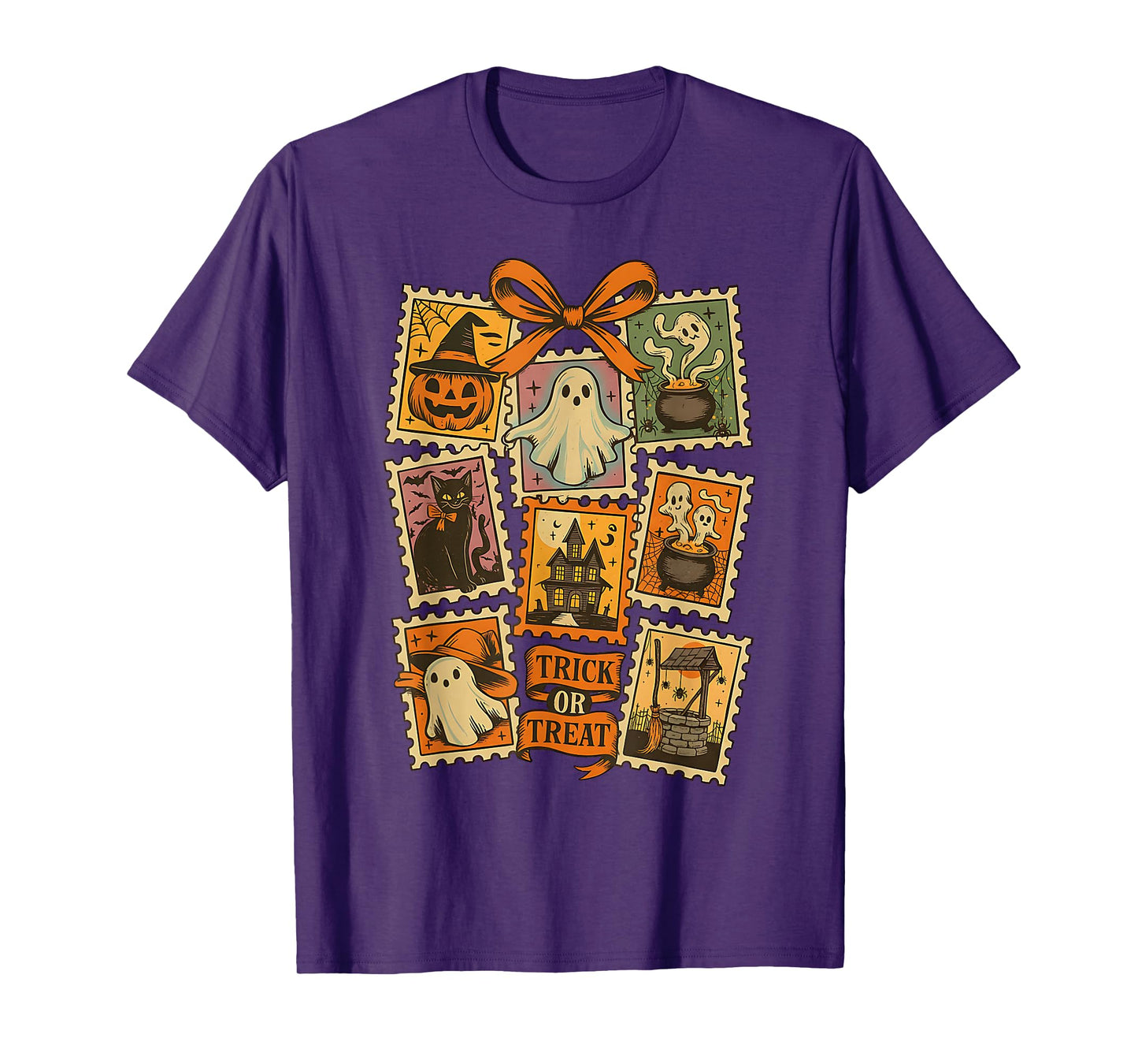 Halloween Stamp Spooky Ghost Boo Pumpkin Coquette Bow Retro T-Shirt