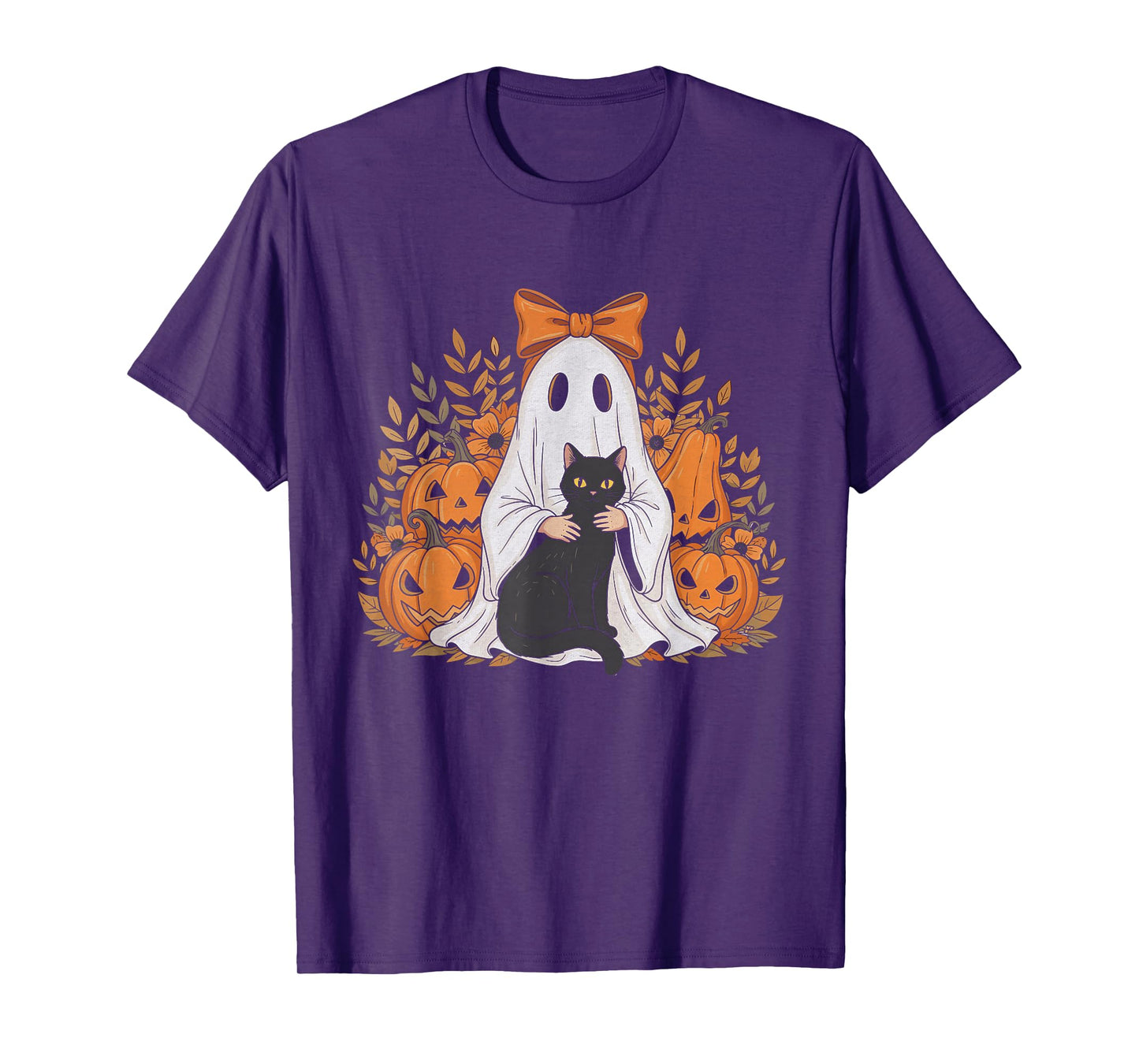 Vintage Halloween Ghost Holding Black Cat Groovy Floral T-Shirt