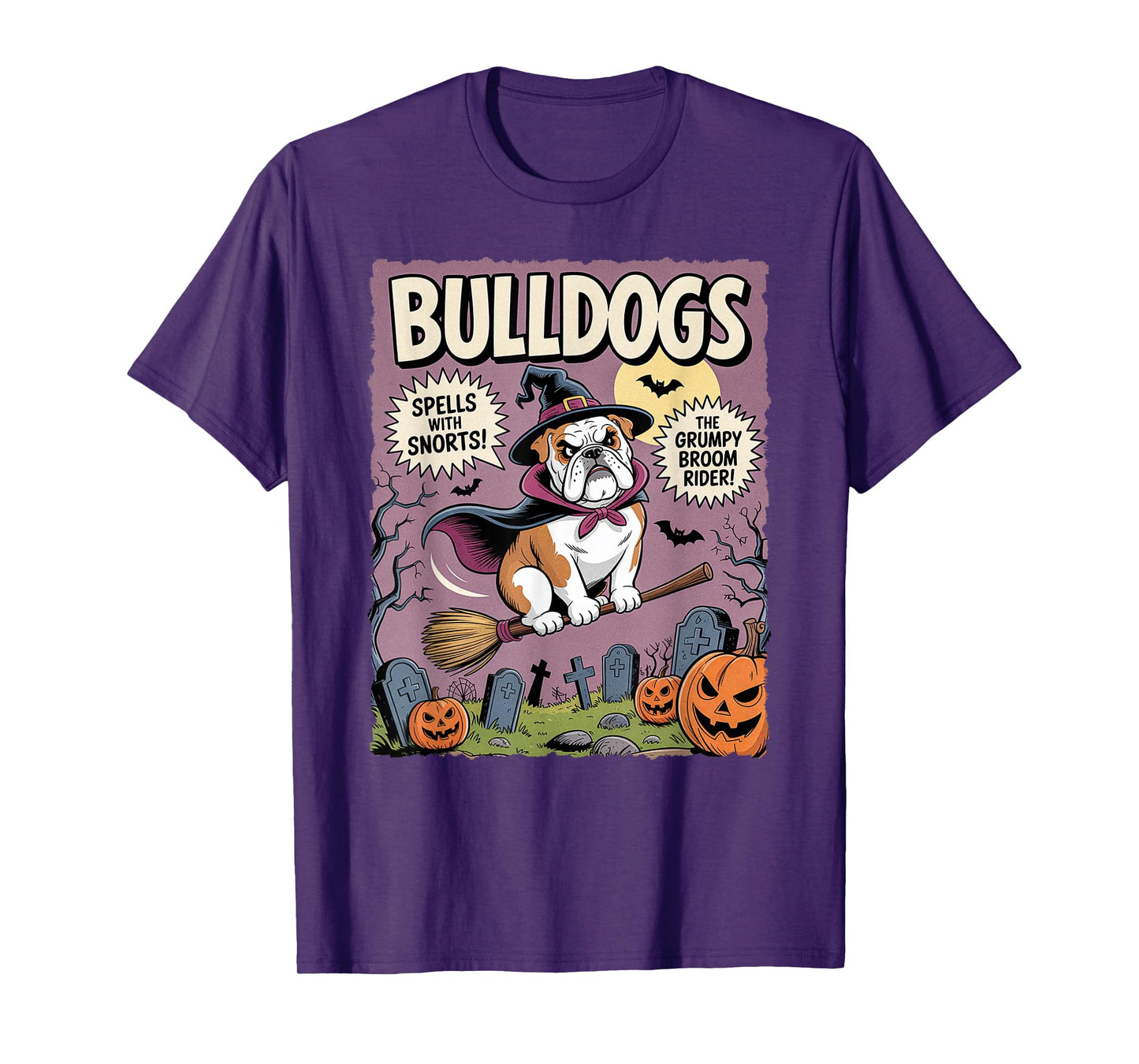Funny Vintage Witch Bulldog on Broom Halloween Comic Costume T-Shirt