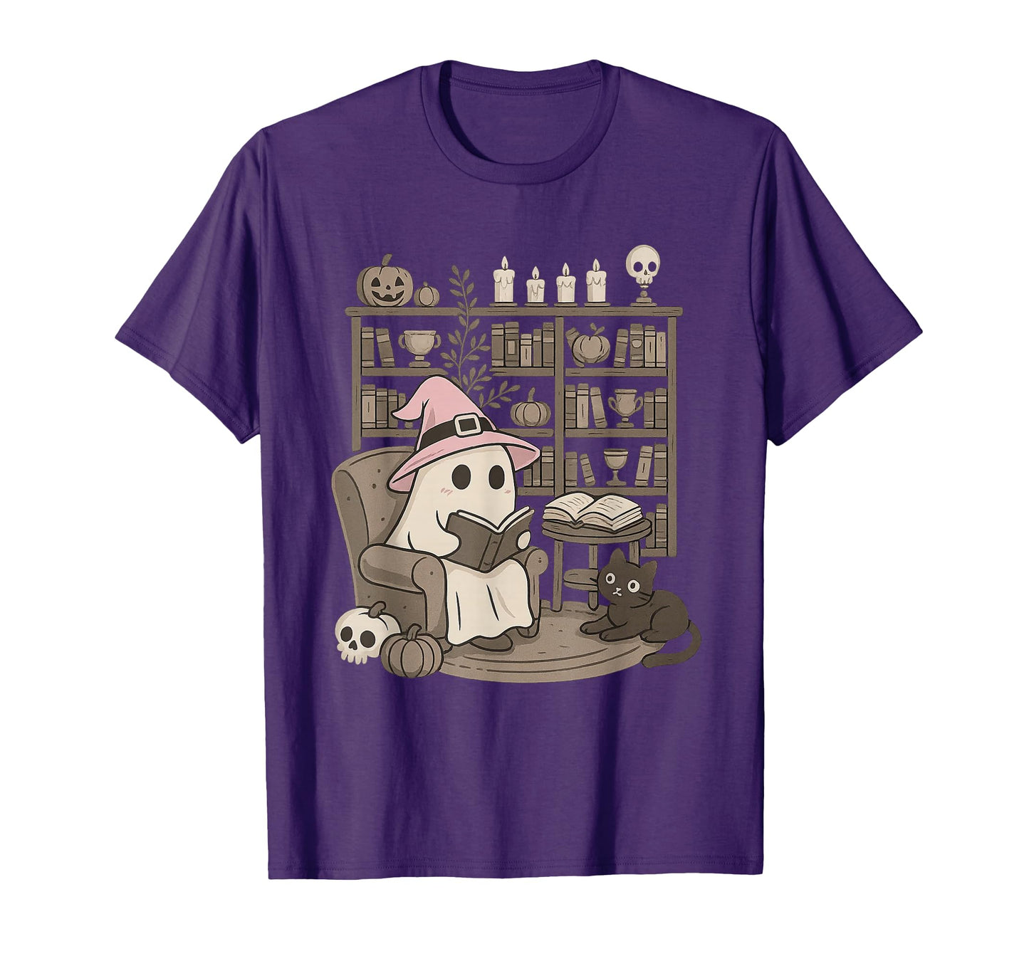 Funny Ghost Witch Reading Black Cat Library Halloween T-Shirt