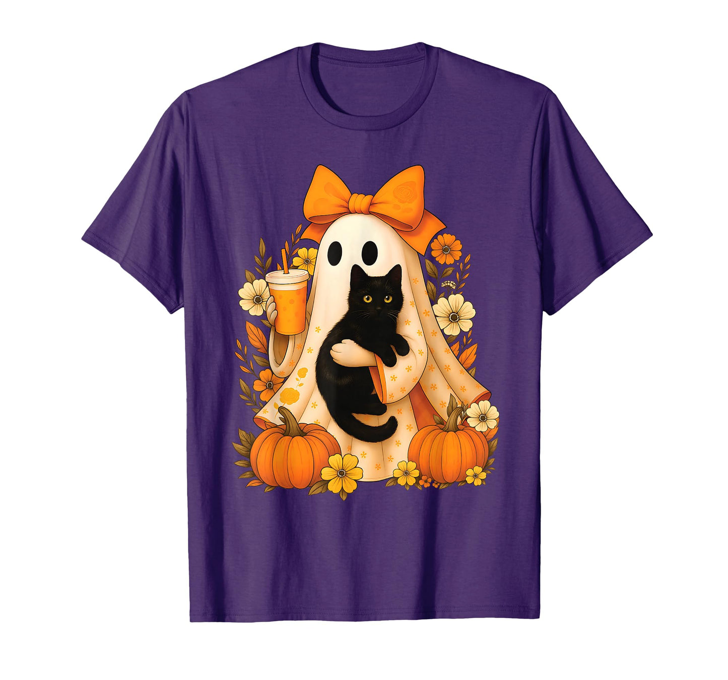 Retro Ghost Holding Cat Groovy Floral Vintage Halloween T-Shirt