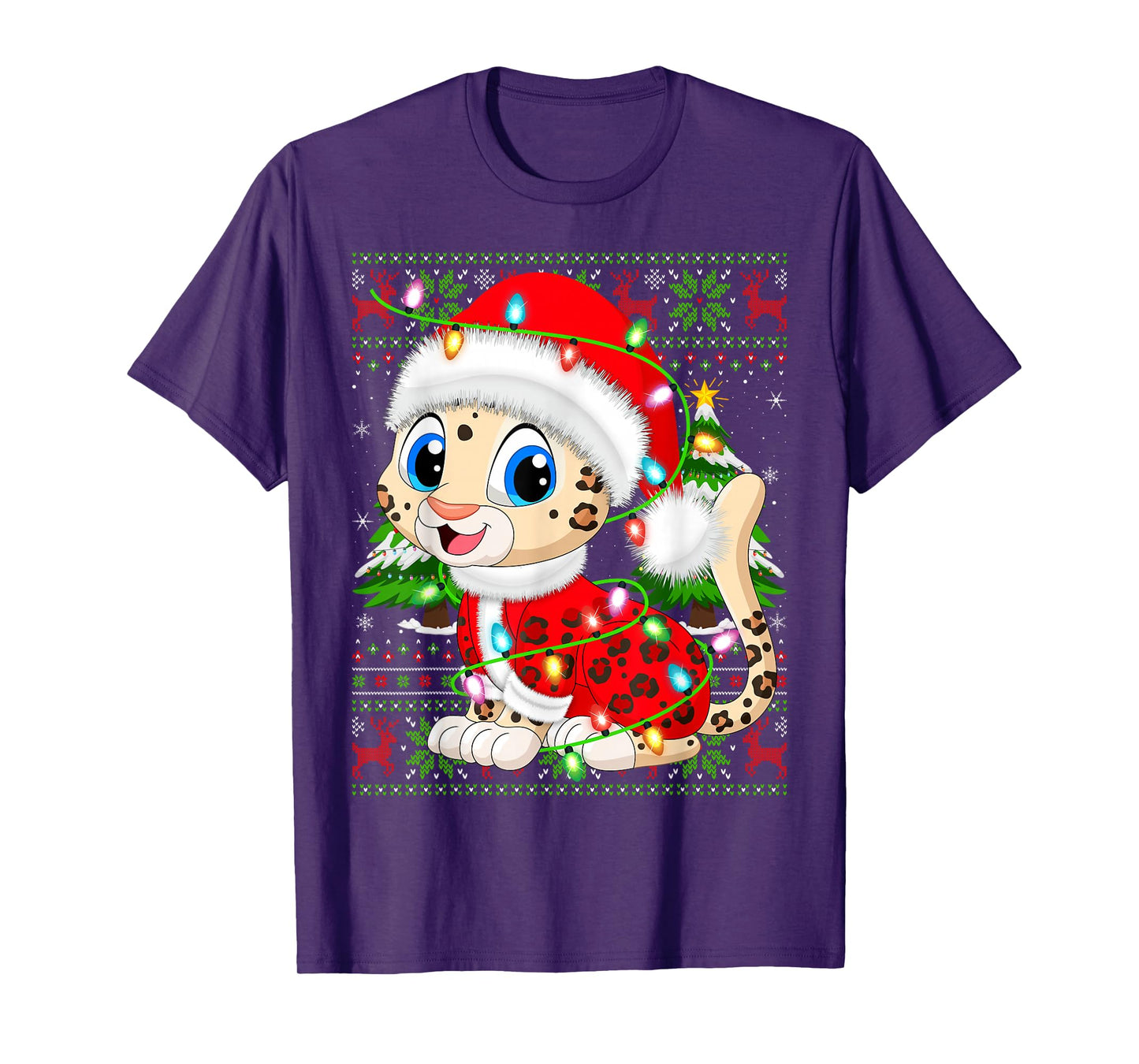 Leopard Christmas Lights Santa Costume Ugly Xmas Sweaters T-Shirt