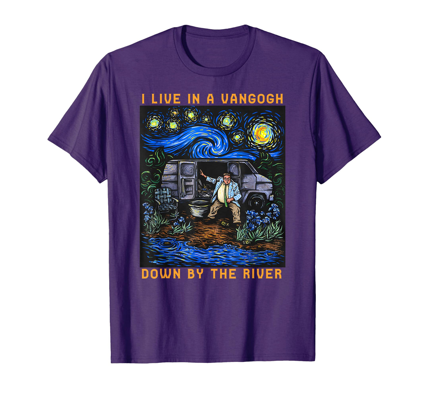 River Beautiful Day I Live In A Van-Gogh Down Black Cotton 100% Classic Fit Crew Collar Short Sleeve Unisex-Adults Small T-Shirt