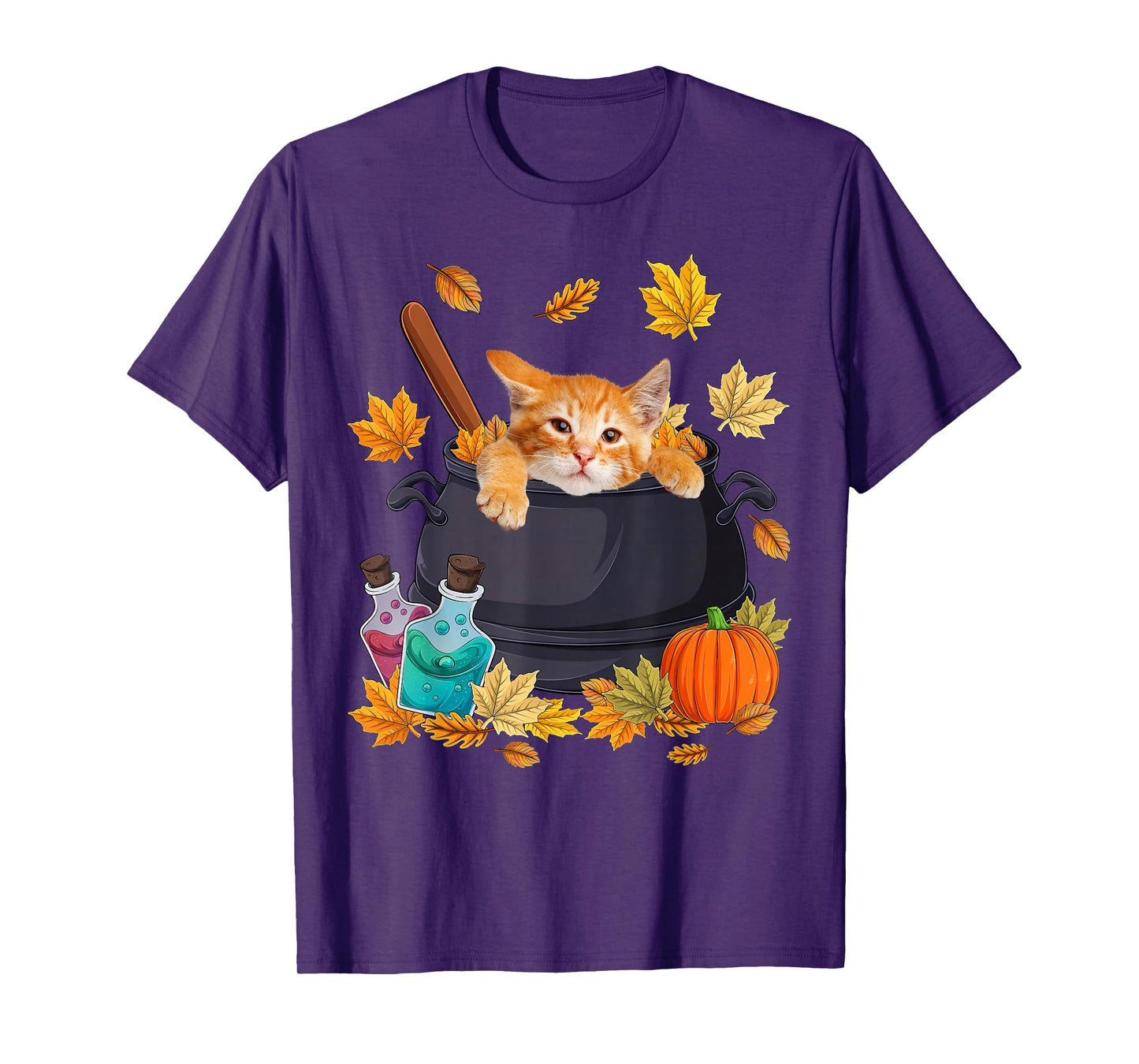 Cat in Witch Bucket & Fall Leaves Halloween Costume Day Kids T-Shirt