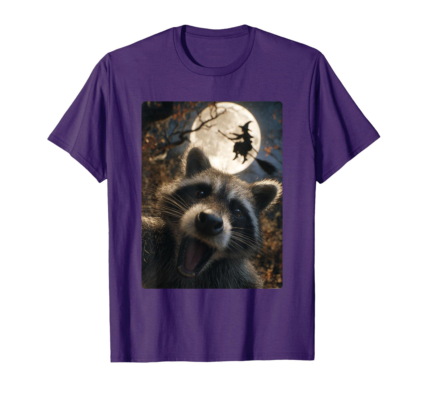 Funny Raccoon Selfie Full Moon Flying Witch Forest Halloween T-Shirt
