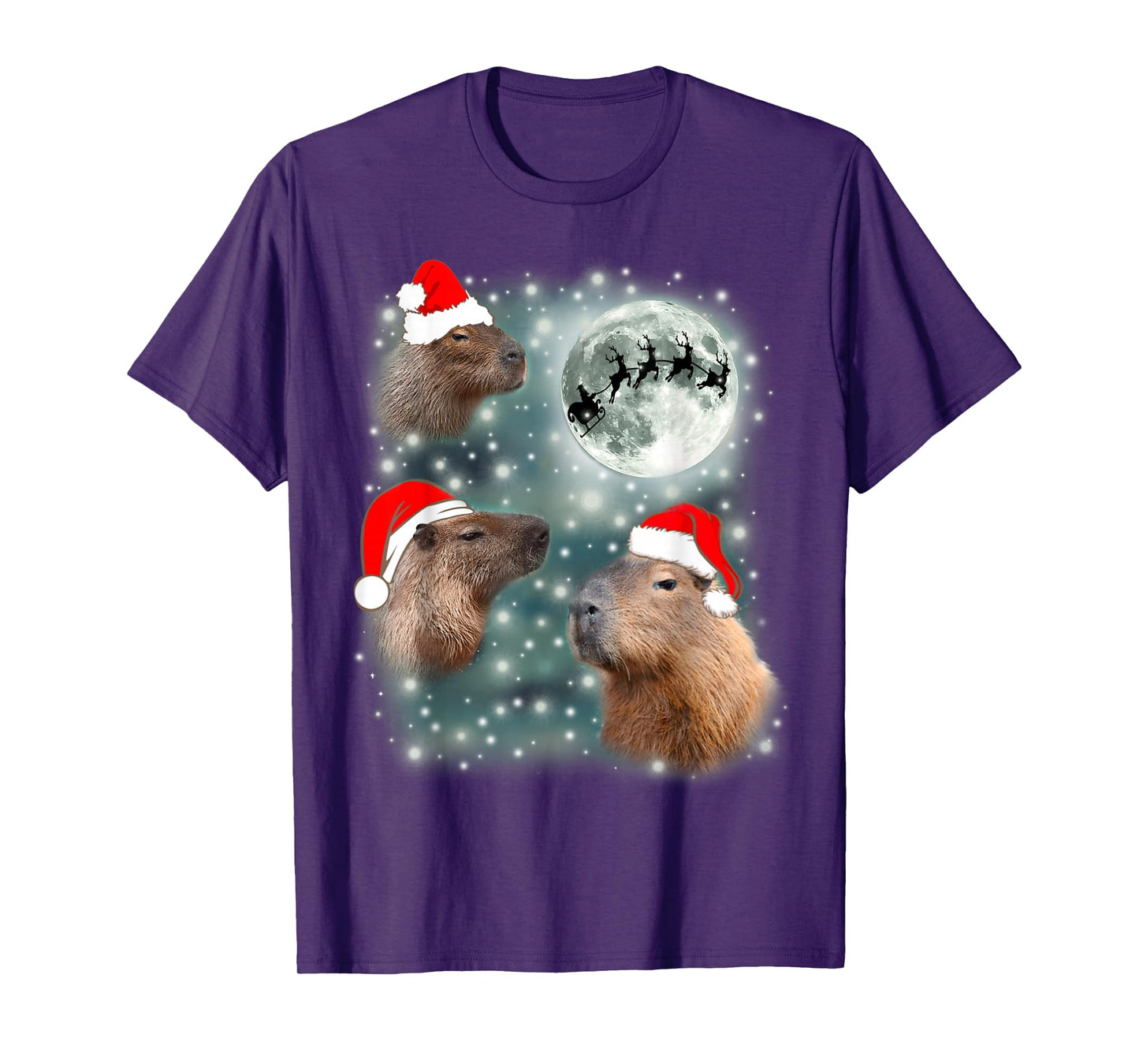 3 Capybara Moon Giant Rodents Weird Howling Funny Xmas Santa T-Shirt