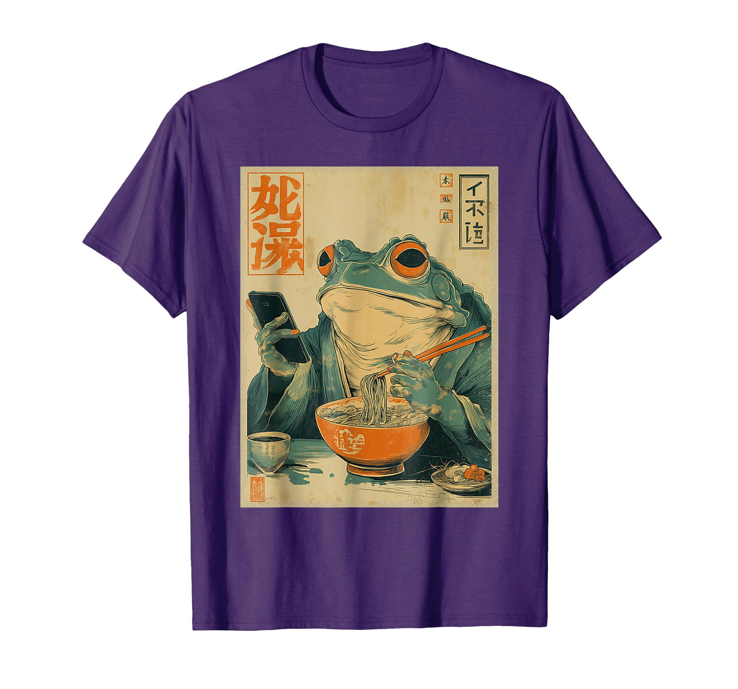 Funny Grumpy Frog Eat Ramen and Scroll Phone Japanese Art T-Shirt