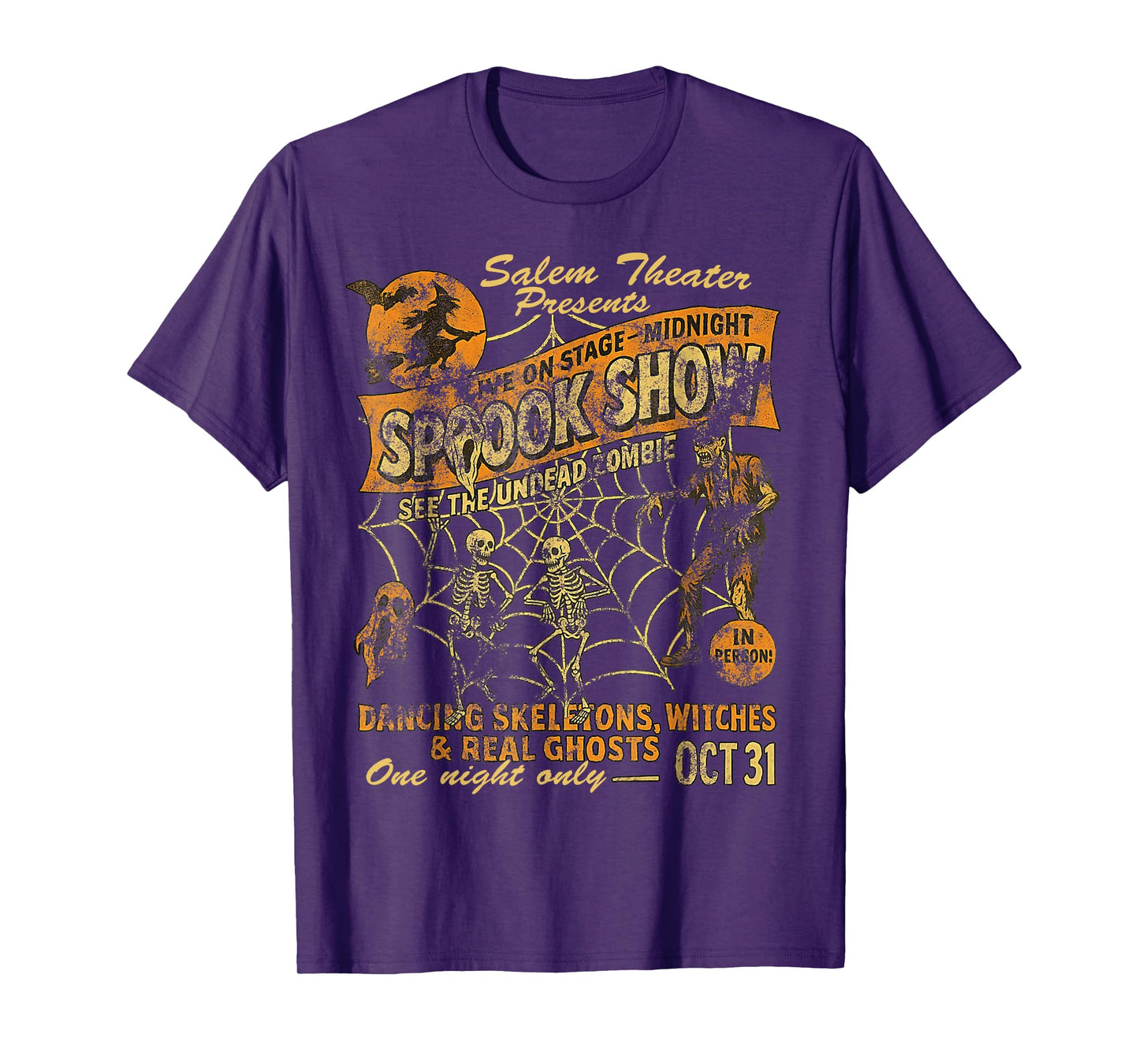 Vintage Halloween Spook Show Witch Dancing Skeletons Monster T-Shirt