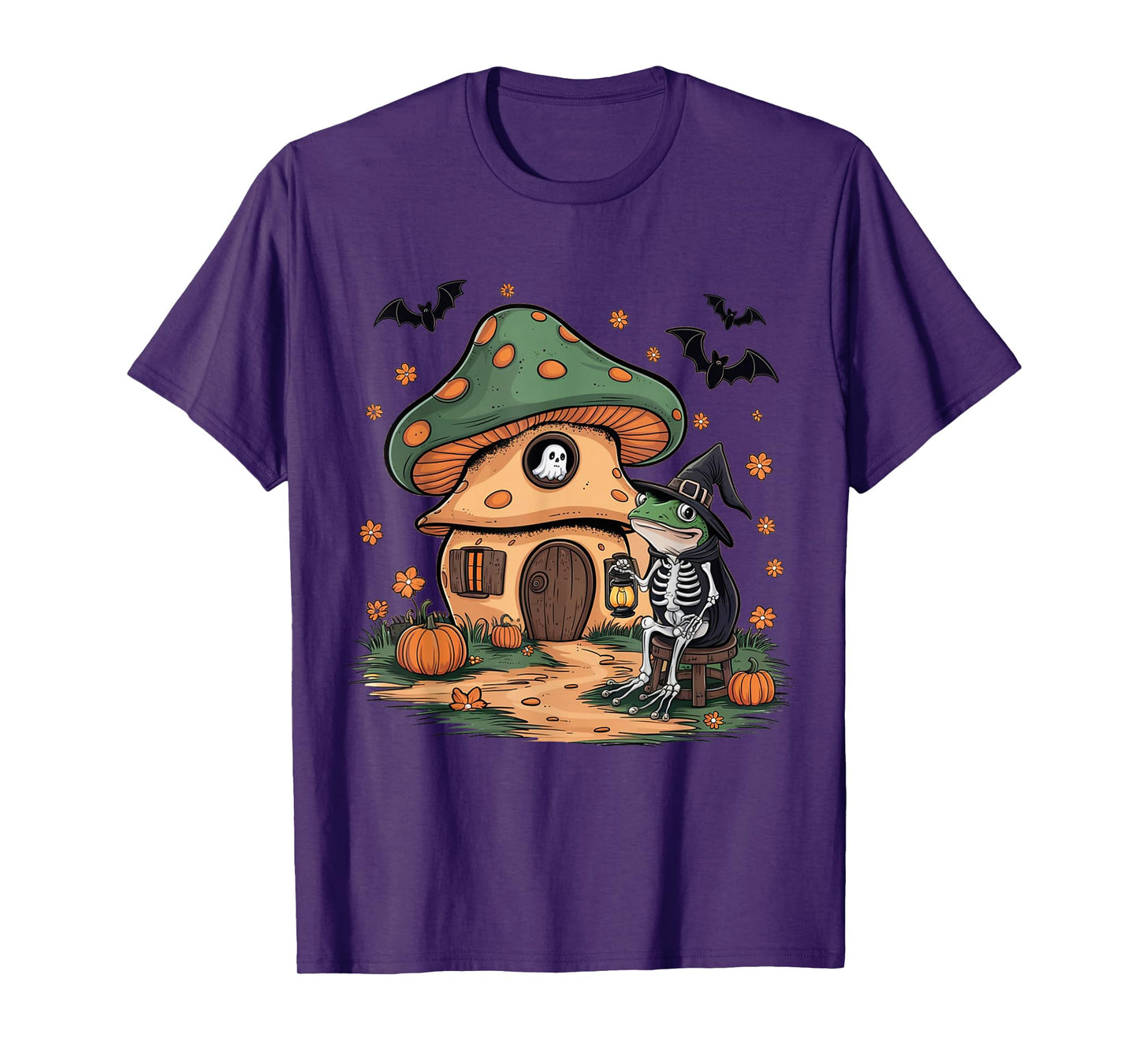Frog Skeleton Mushroom House Funny Halloween Ghost Pumpkin T-Shirt