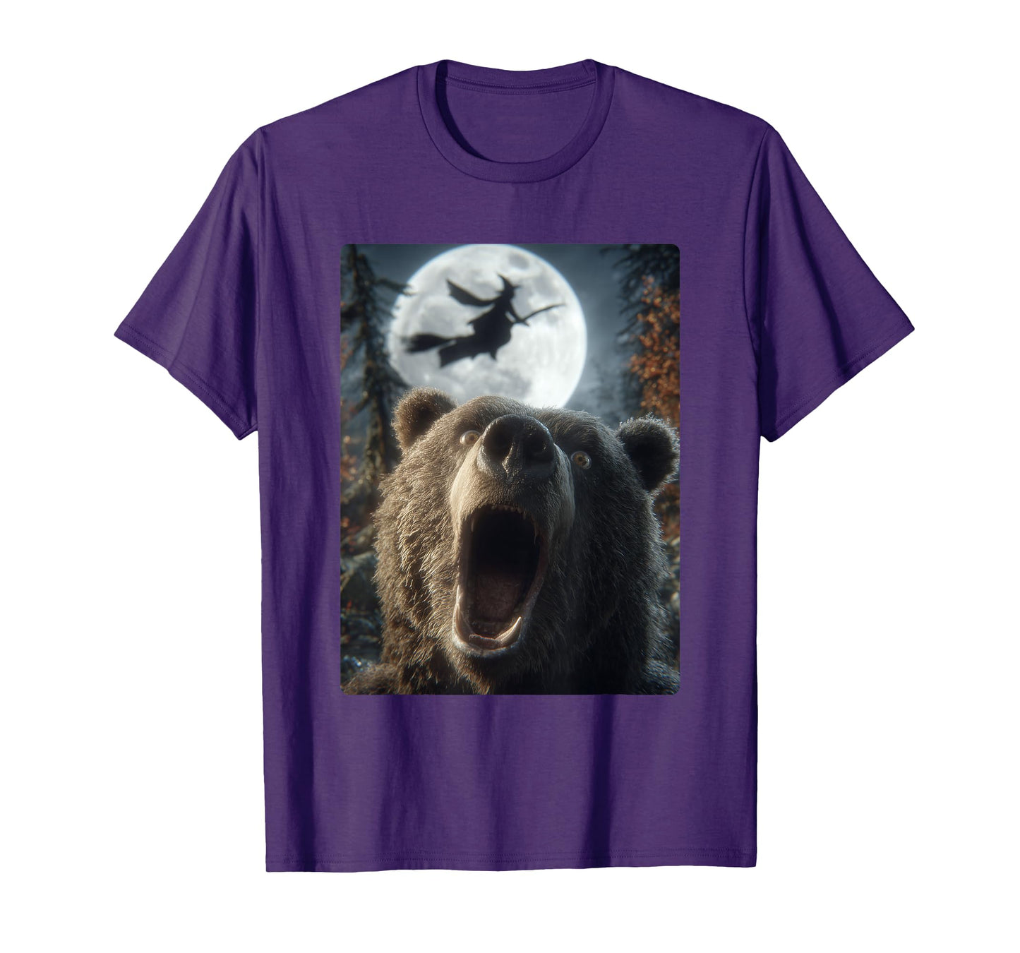 Funny Bear Selfie Full Moon Flying Witch Forest Halloween T-Shirt