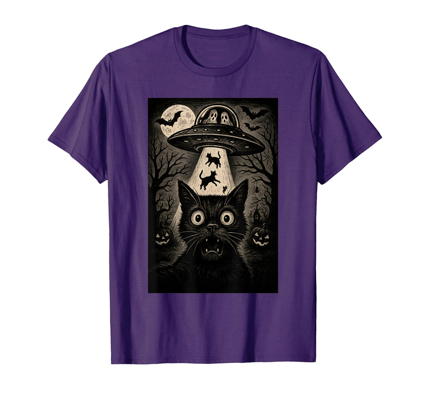 Halloween Cat Selfie Spooky Alien Abduction Cats UFO Flying T-Shirt