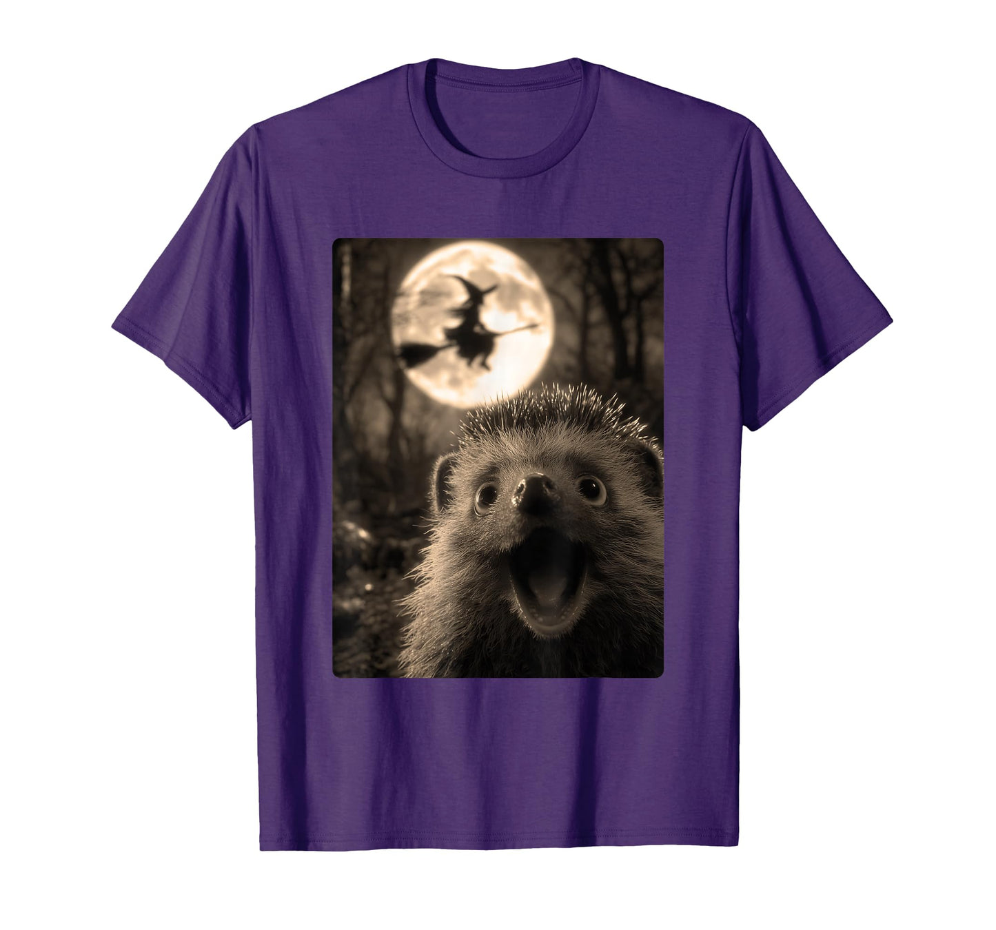 Funny Hedgehog Selfie with Full Moon Flying Witch Halloween T-Shirt
