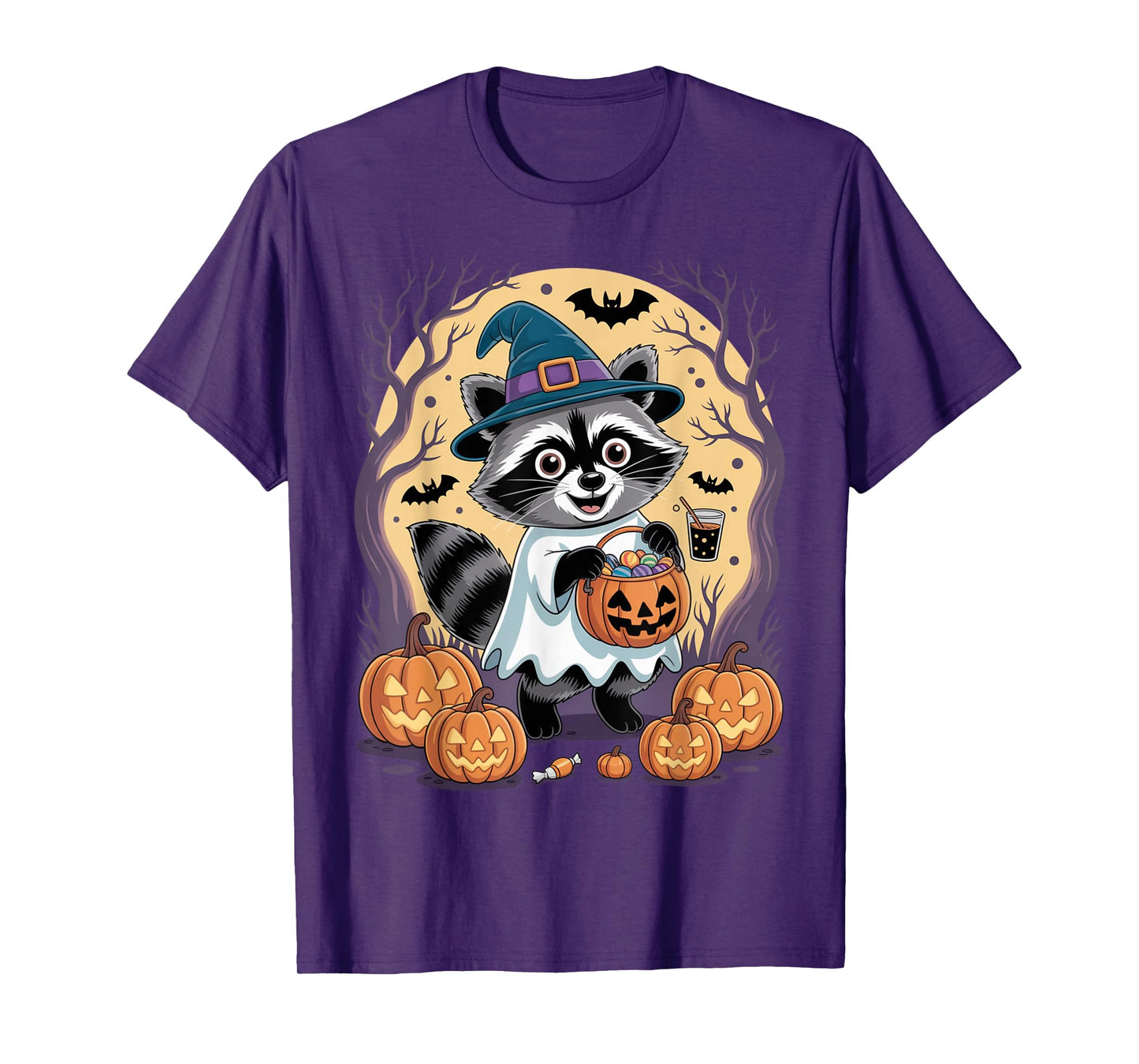 Spooky Raccoon Witch Hat Halloween Pumpkin Adventures Funny T-Shirt