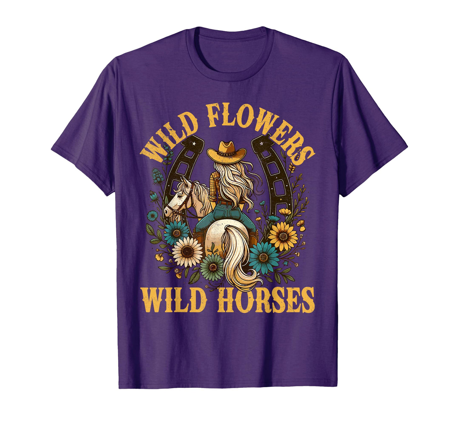 Retro Southern Sunset Cowgirl Wild Flowers - Wild Horses T-Shirt