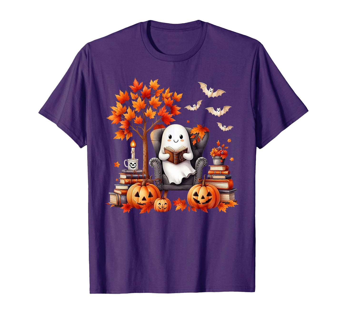 Vintage Ghost Book Reading Pumpkin Gothic Halloween Teachers T-Shirt