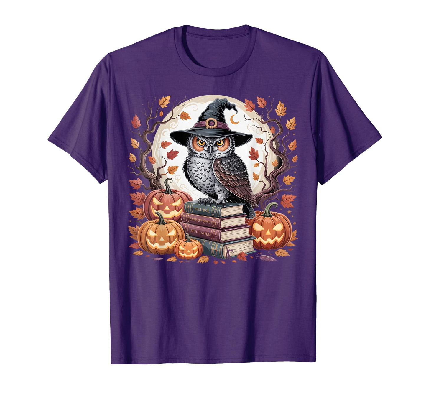 Witch Owl Pumpkin Autumn Moon Halloween Spooky Design T-Shirt