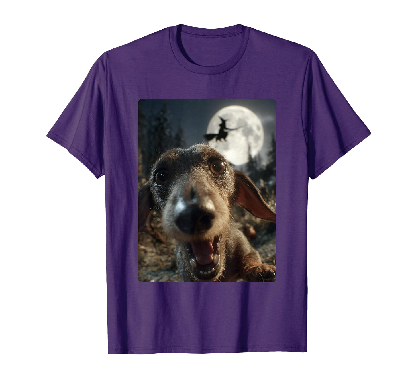 Funny Dachshund Selfie Full Moon Flying Witch Halloween Dog T-Shirt