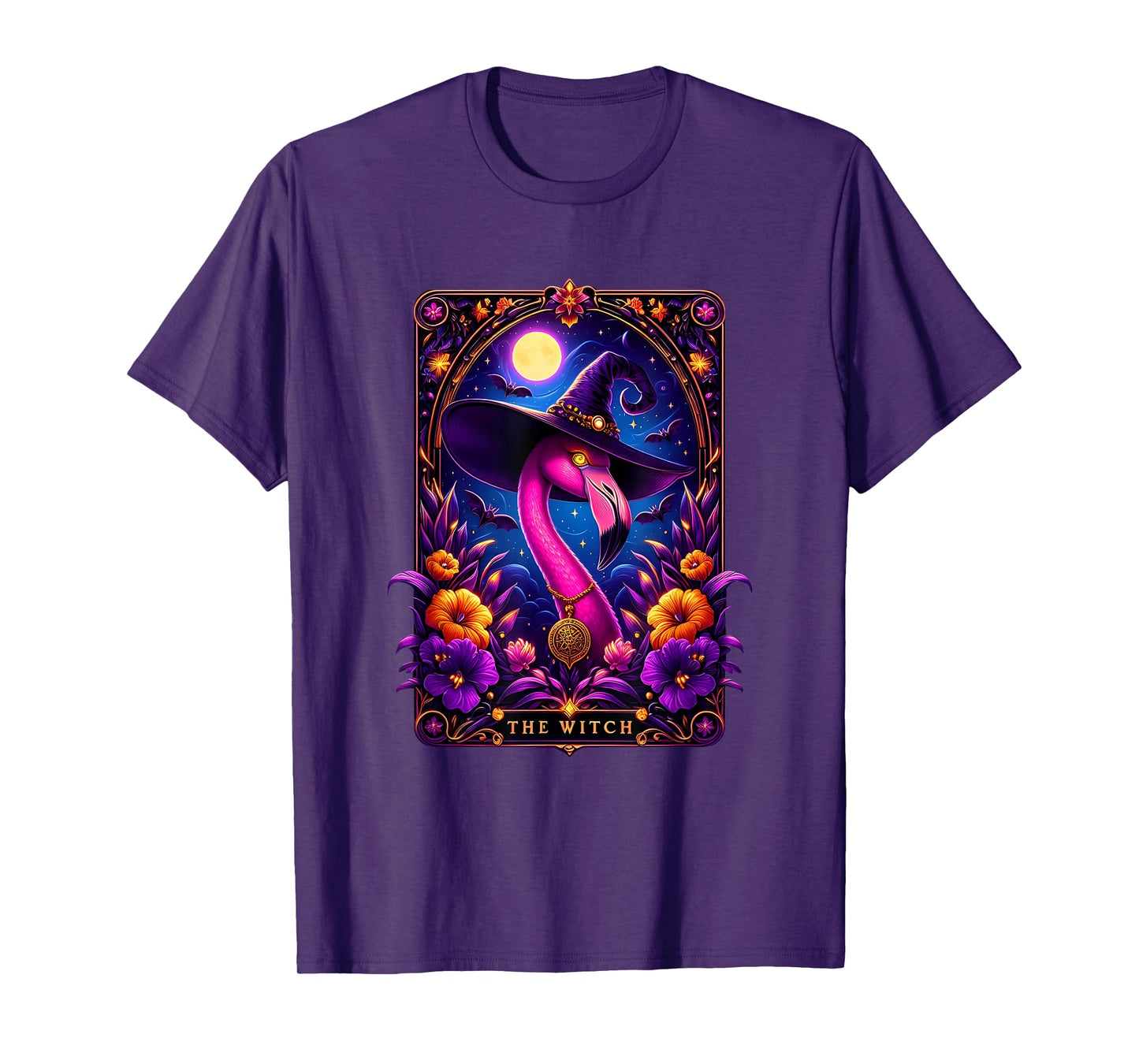 Witch Flamingo Tarot Card Halloween Gothic Art T-Shirt