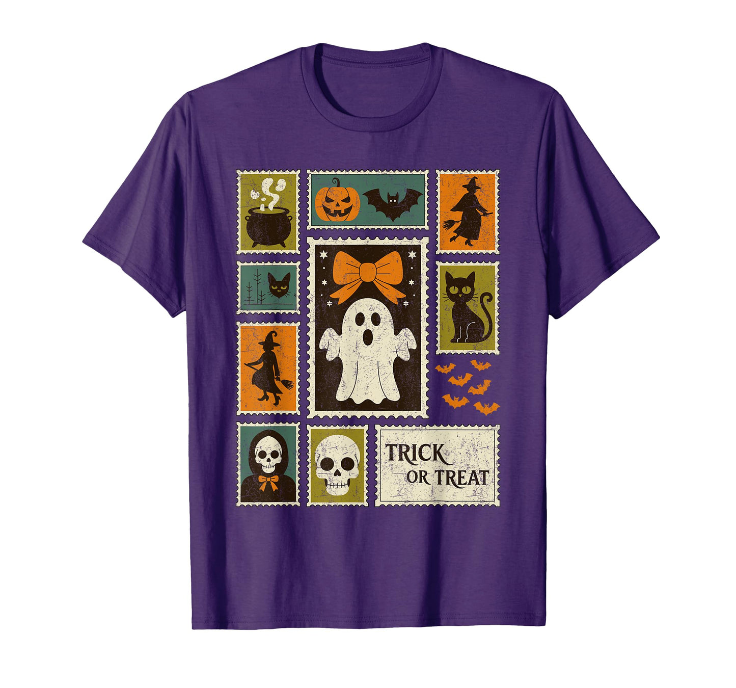 Halloween Stamps Spooky Pumpkin Ghost Cat Witch Skeleton T-Shirt