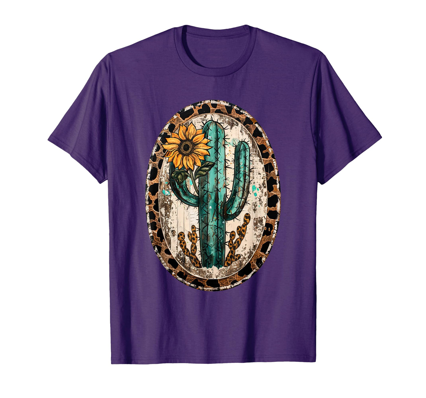 Vintage Western Turquoise Teal Cactus Sunflower Leopard T-Shirt