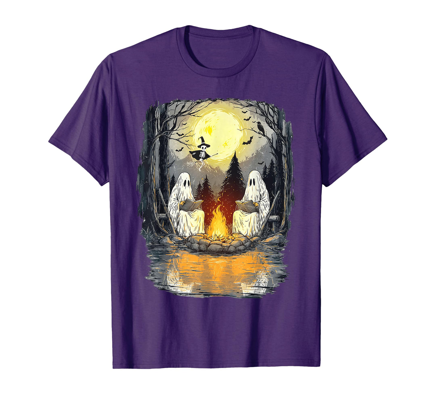 Ghost Reading Book Lover Camping Halloween Campfire T-Shirt