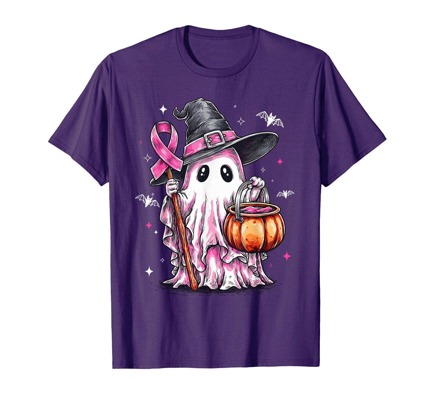 Retro Pink Ghost Witch Halloween Breast Cancer Awareness T-Shirt