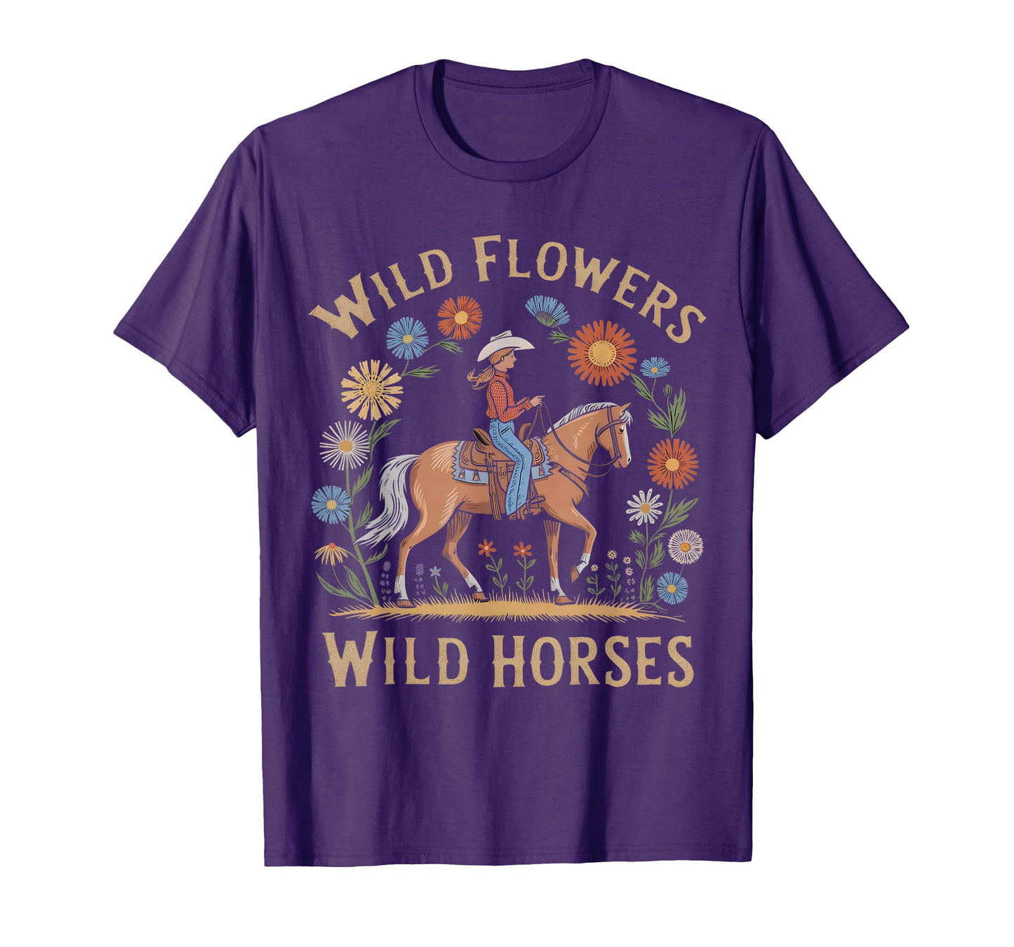 Retro Southern Sunset Wild Cowgirl Flowers - Wild Horses T-Shirt