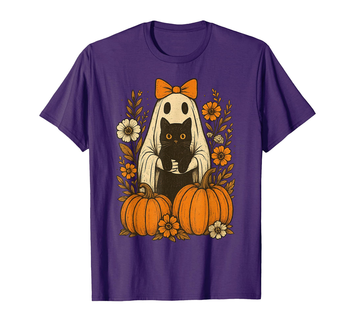 Vintage Halloween Ghost Holding Black Cat Groovy Floral T-Shirt
