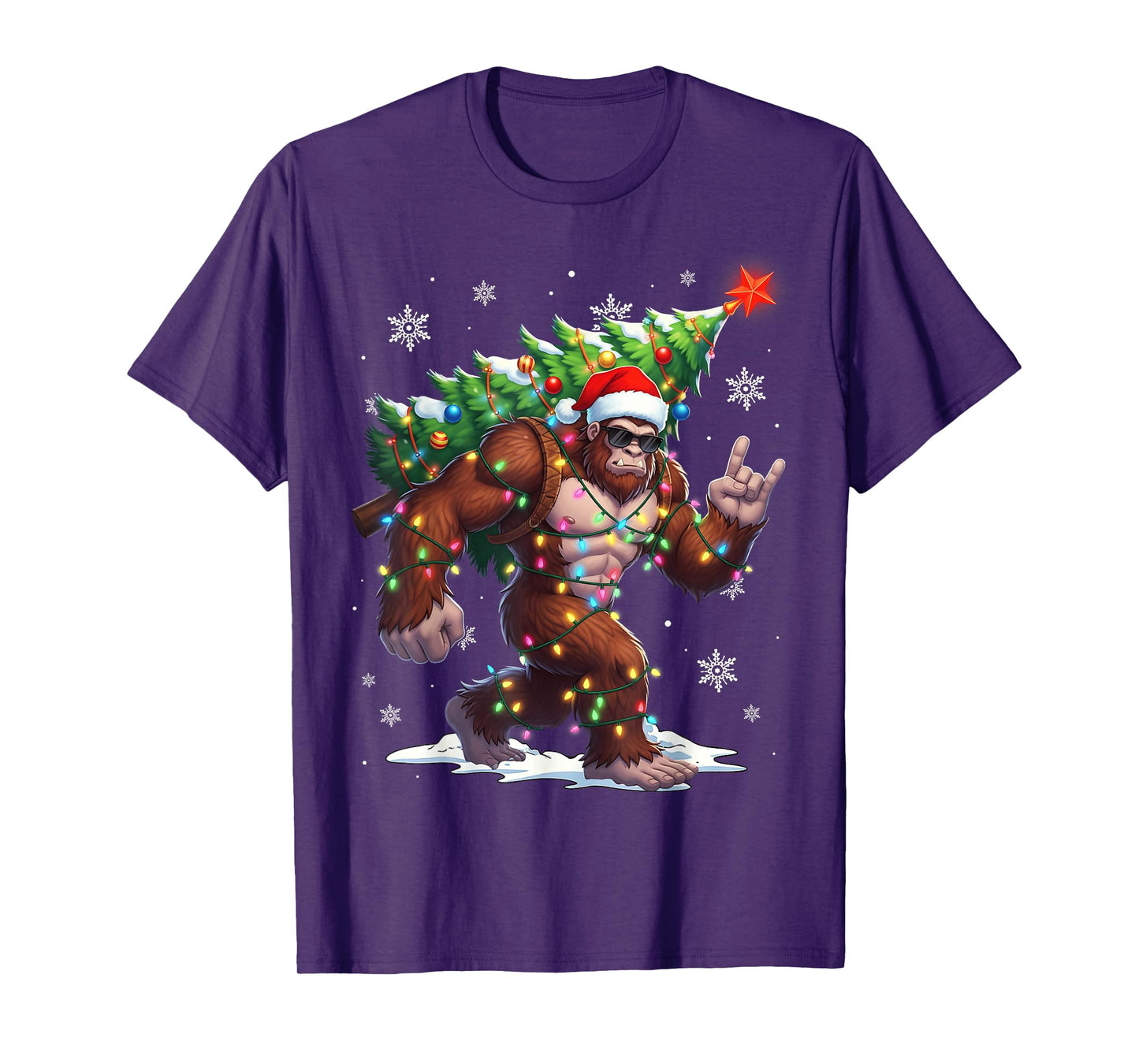 Funny Bigfoot Sasquatch Santa Christmas Tree Xmas Lights T-Shirt