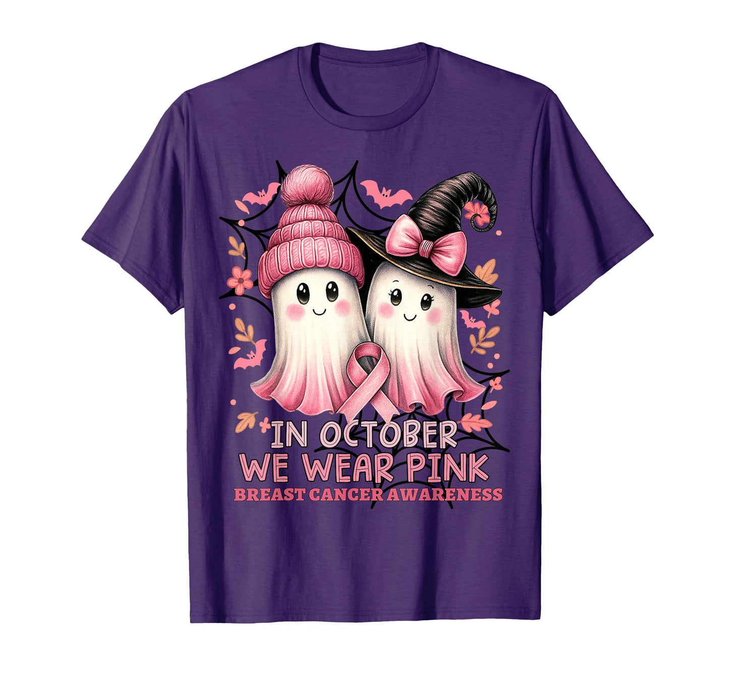 in October We Wear Pink Ghost Witch Breast Cancer Awareness T-Shirt