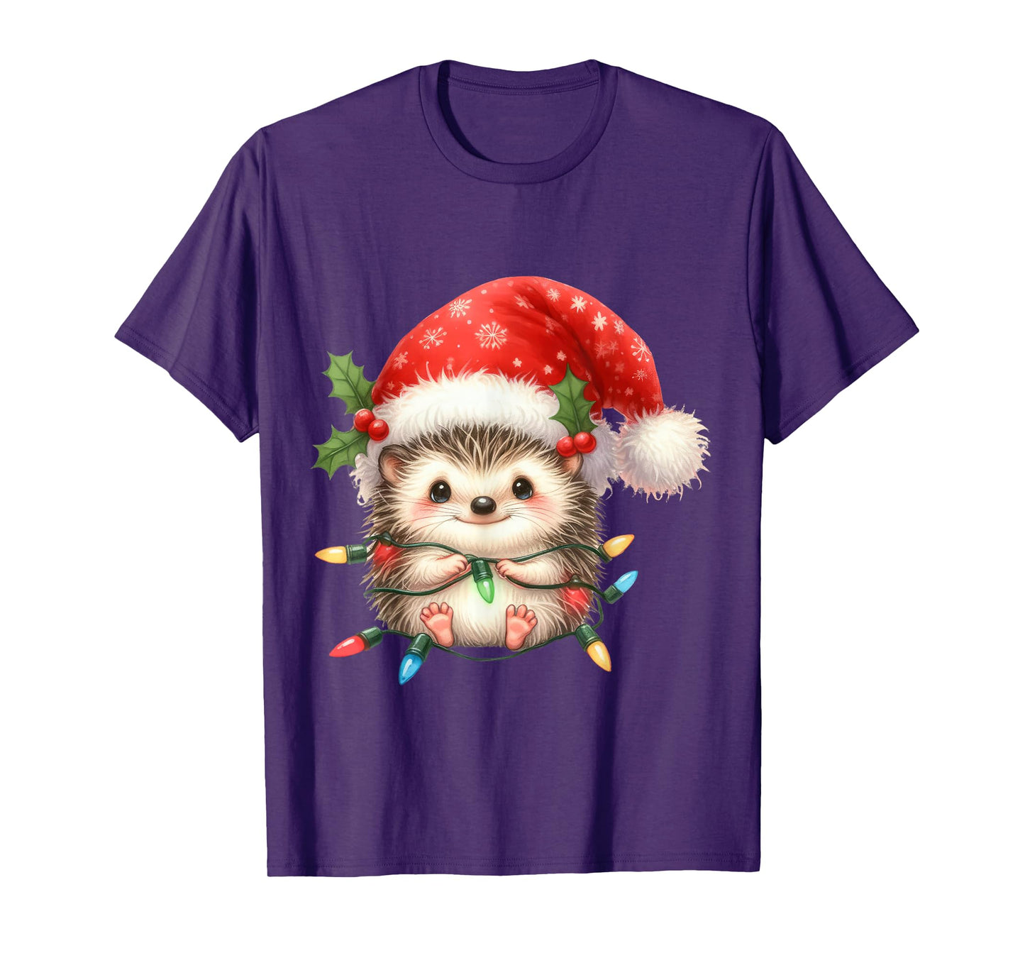 Hedgehog Christmas Lights Funny Santa Hat Merry Xmas T-Shirt
