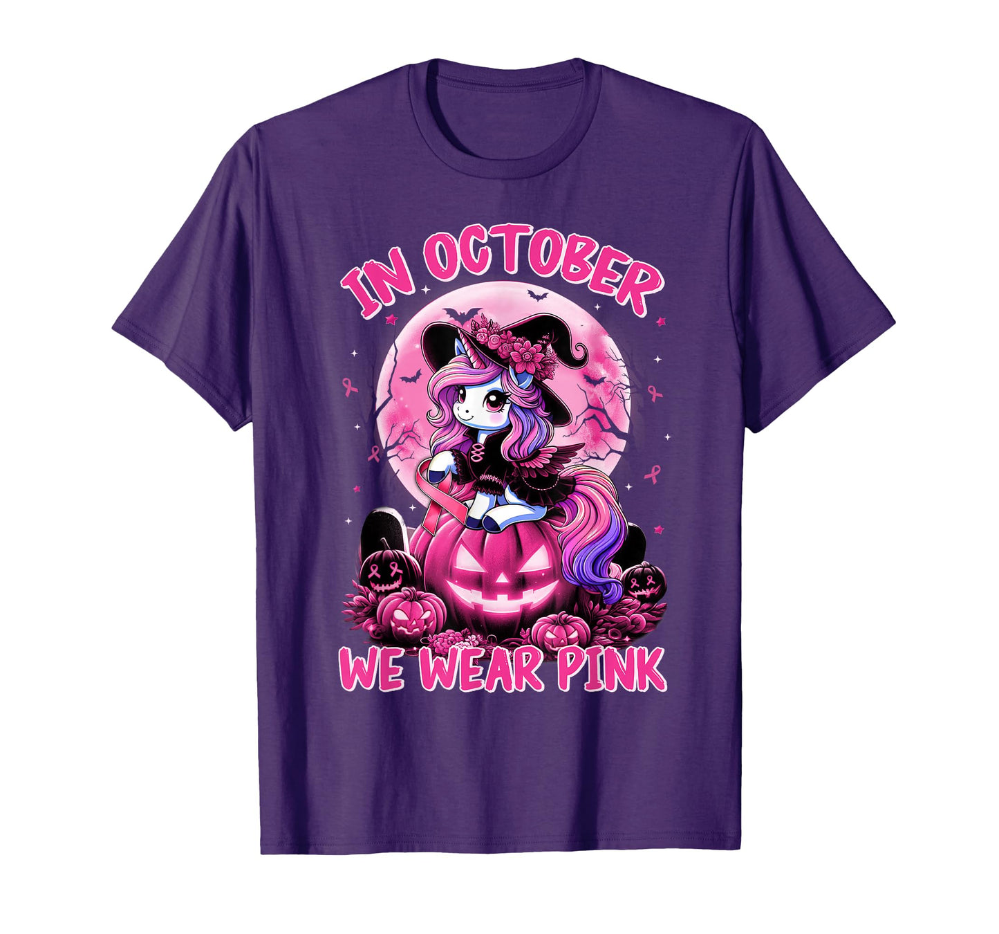 in October Wear Pink Unicorn Witch Breast Cancer Halloween T-Shirt