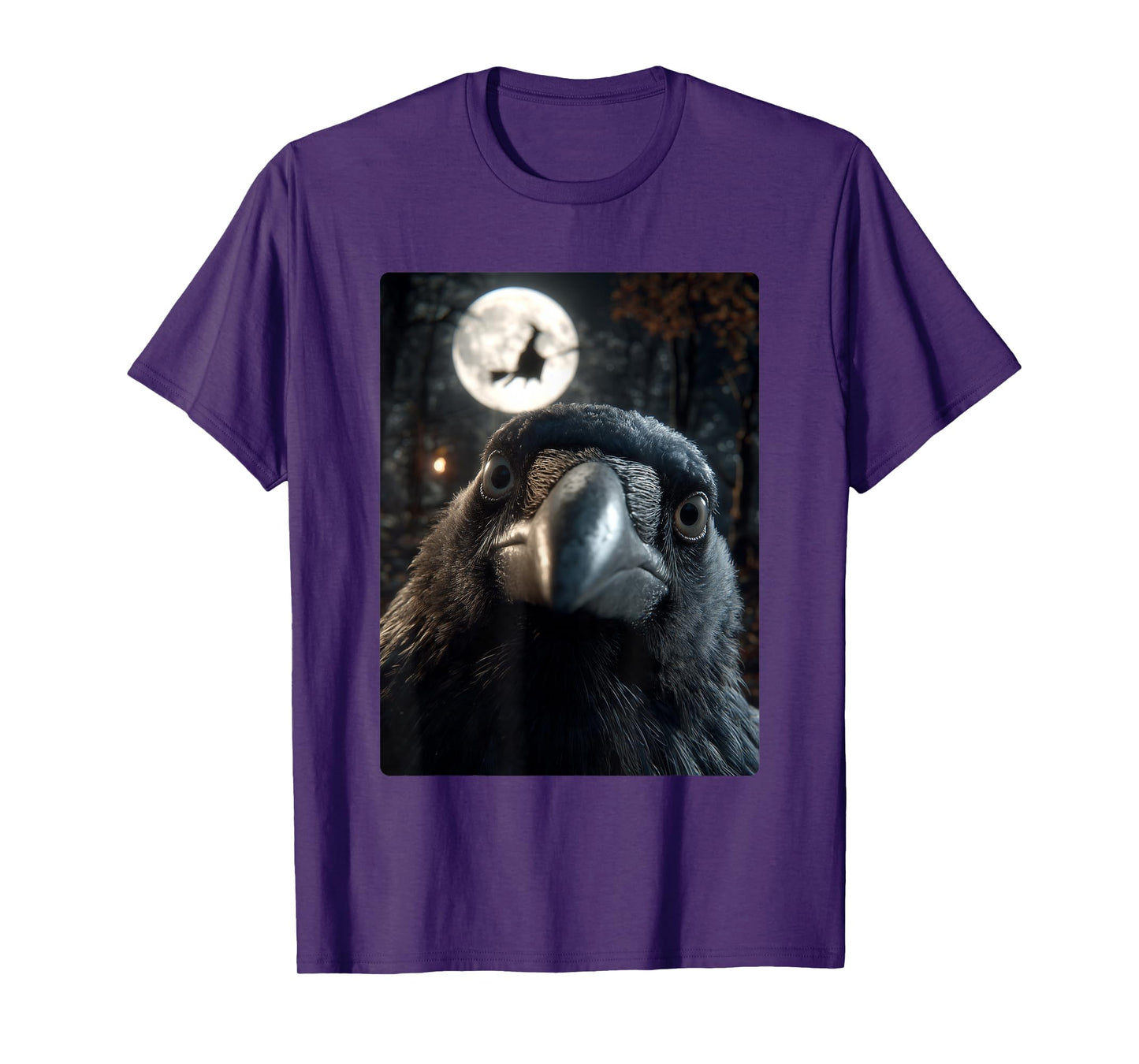 Funny Crow Selfie Full Moon Flying Witch Forest Halloween T-Shirt