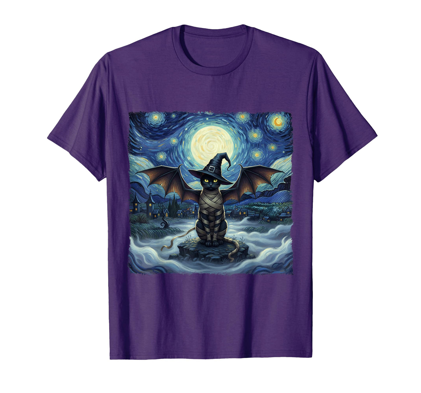 Cat Halloween Cat Starry Night Vampire Cat with Bat Wings T-Shirt