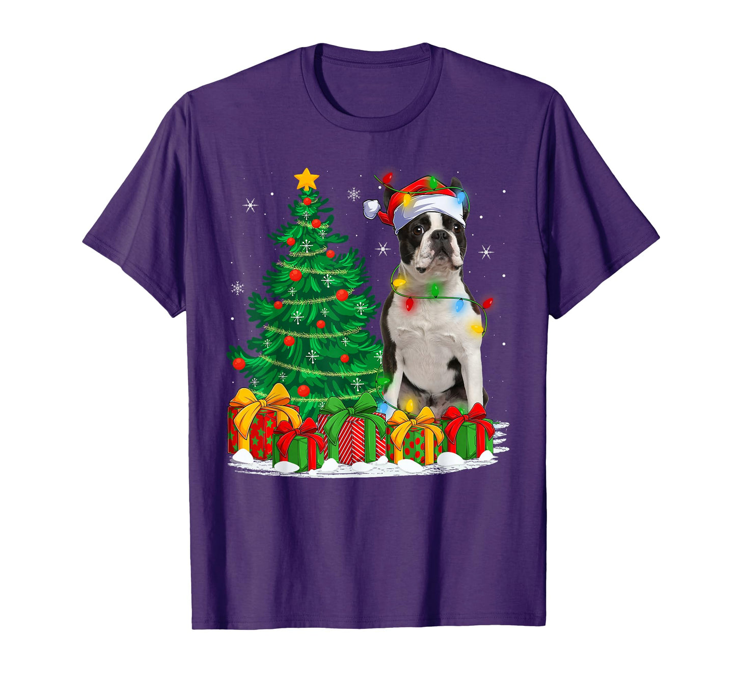 Boston Terrier Dog Christmas Tree Lights Santa Hat Xmas T-Shirt