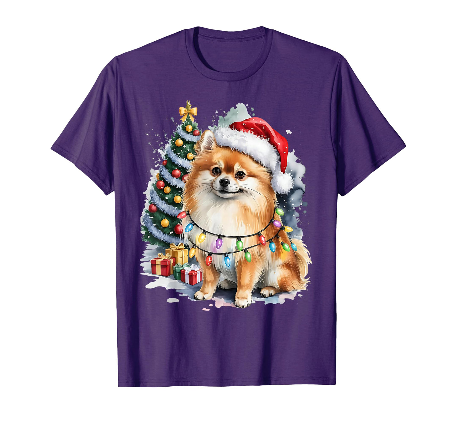 Pomeranian Christmas Dog with Santa Hat and Lights Holiday T-Shirt