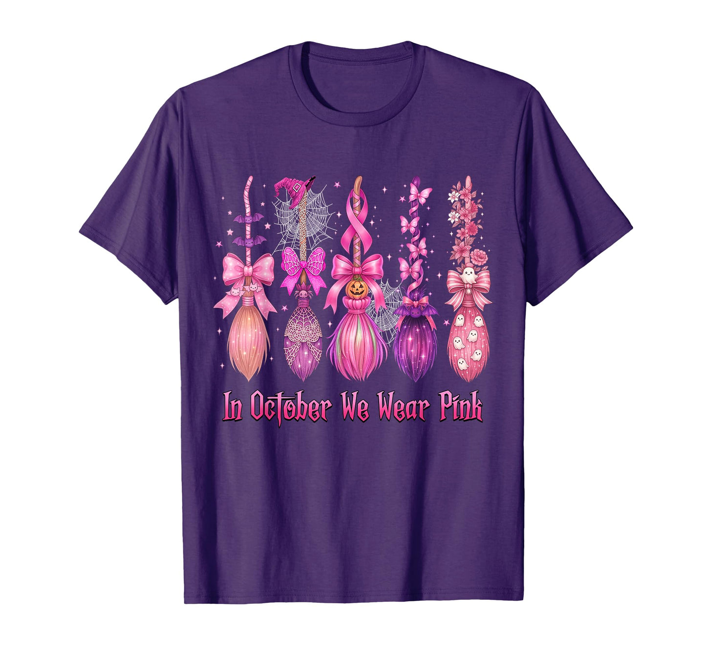 in October We Wear Pink Witch Broom Halloween Breast Cancer T-Shirt
